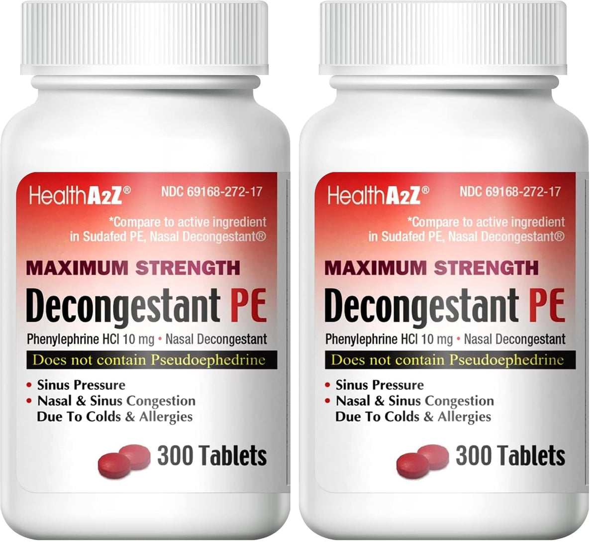 HealthA2Z Decongestant PE | Phenylephrine HCl 10 mg | Maximum Strength Nasal & Sinus Relief (300 Count, Pack of 2)