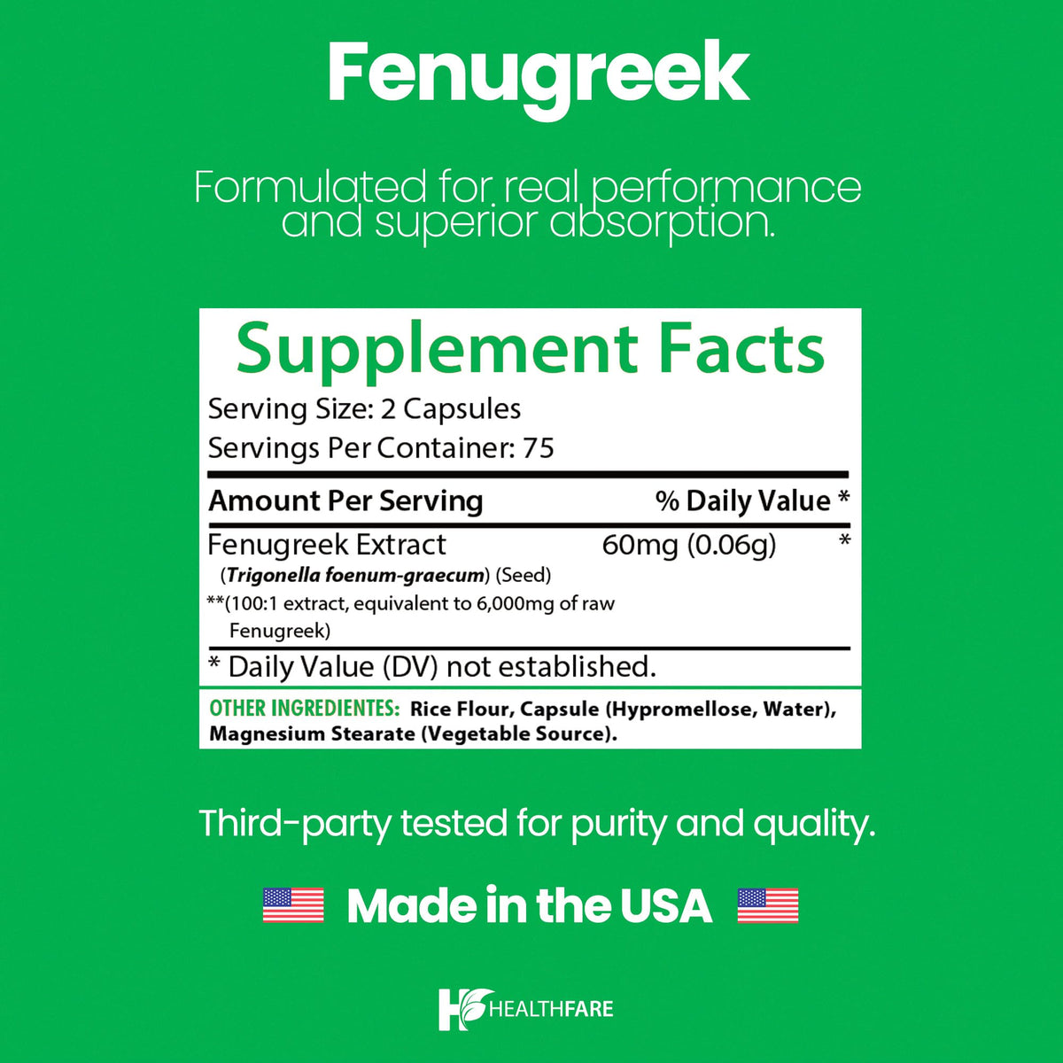 Healthfare Fenugreek Seed Extract 6000mg – 150 Vegan Capsules | Made in USA