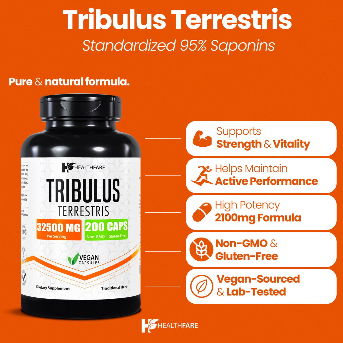 HealthFare Tribulus Terrestris for Men & Women | 32,500mg Ultra Potency Extract | 95% Saponins | 200 Capsules | Natural Strength, Energy & Stamina | Non-GMO, Gluten-Free, Made in USA