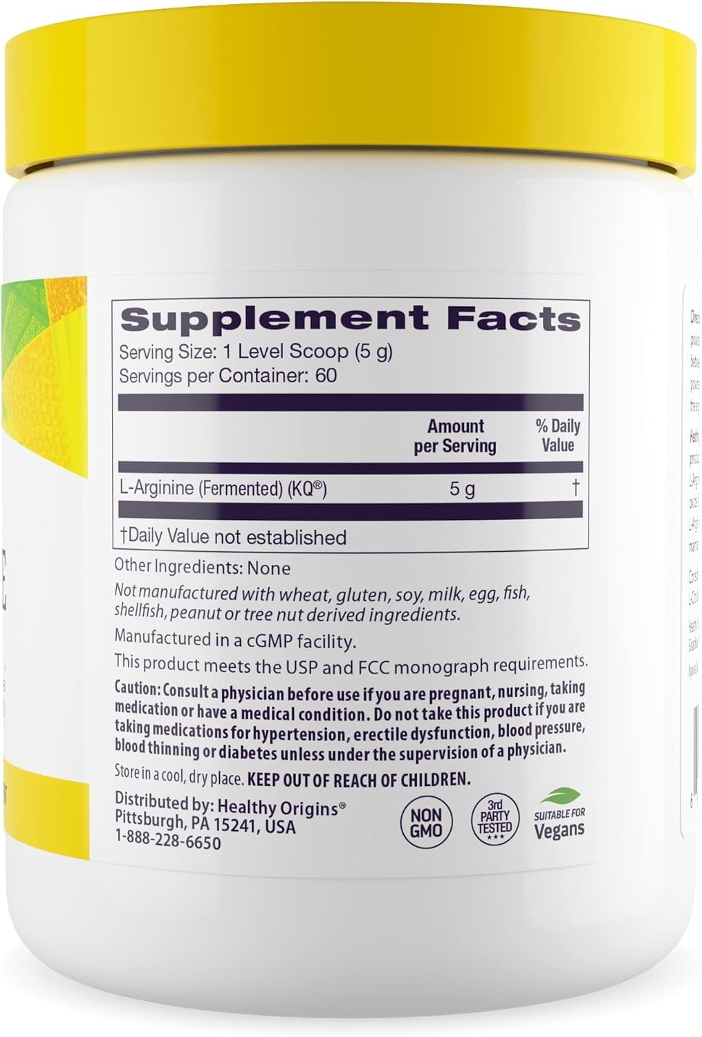 إل-أرجينين من Healthy Origins – صنع أمريكي، غير معدّل وراثيًا، خالٍ من الجلوتين، 10.6 أونصة | دعم العضلات