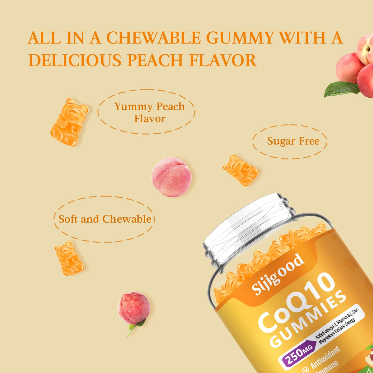 Sugar Free CoQ10 Gummies with Omega-3, Vitamin B3, Zinc & Magnesium β 5X Absorption, Peach Flavor (60 count)