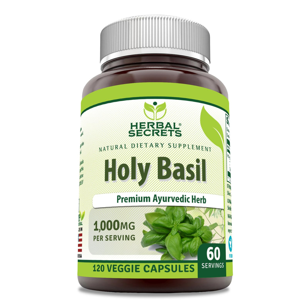 Herbal Secrets ريحان مقدس 1000 ملجم – كبسولات نباتية | غير معدلة وراثيًا، خالية من الجلوتين، صنع في الولايات المتحدة الأمريكية | عبوة واحدة | 120 كبسولة