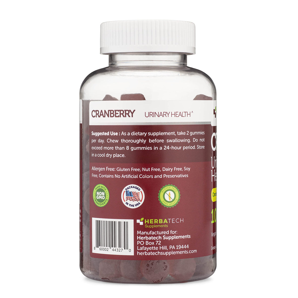 Herbatech Cranberry Gummies 1000mg – صحة المسالك البولية (100 قطعة) الولايات المتحدة الأمريكية