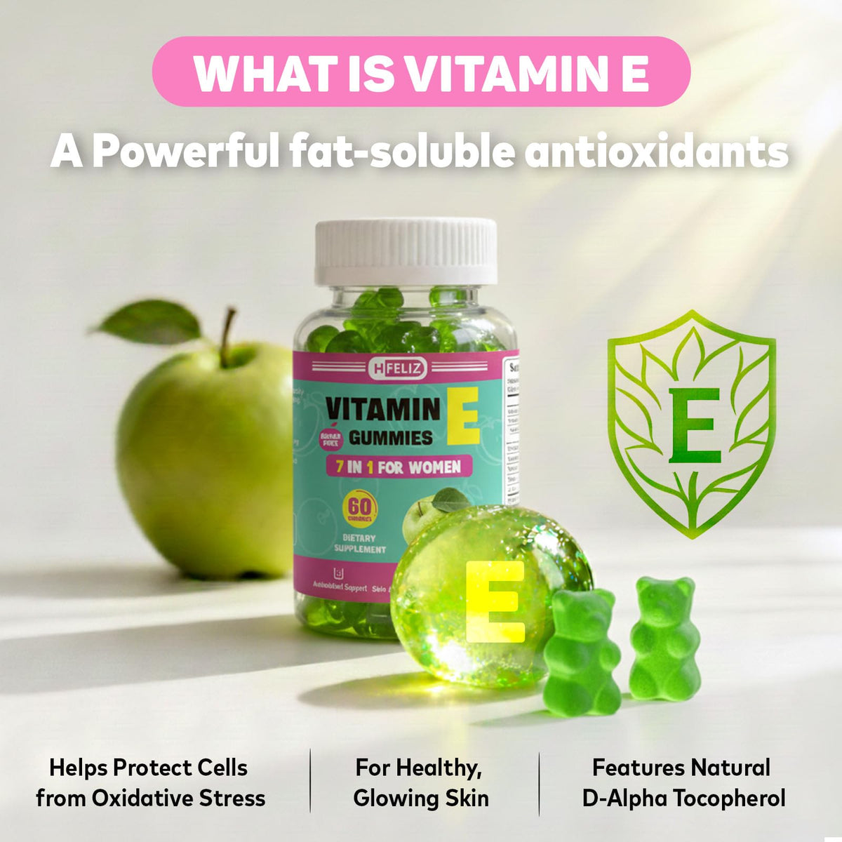 فيتامينات فيليز إي الصمغية للنساء 400 وحدة دولية - دعم 7 في 1 للبشرة والأظافر والشعر ومضادات الأكسدة - 60 قطعة