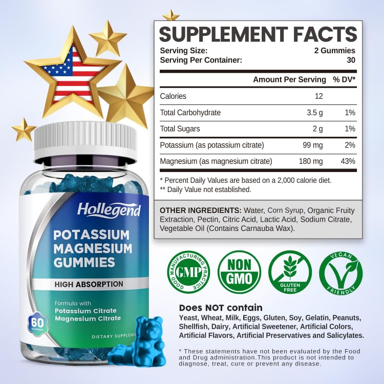 HOLLEGEND Potassium Magnesium Gummies | High Absorption Potassium Citrate 99mg & Magnesium Citrate 180mg β 60 Count