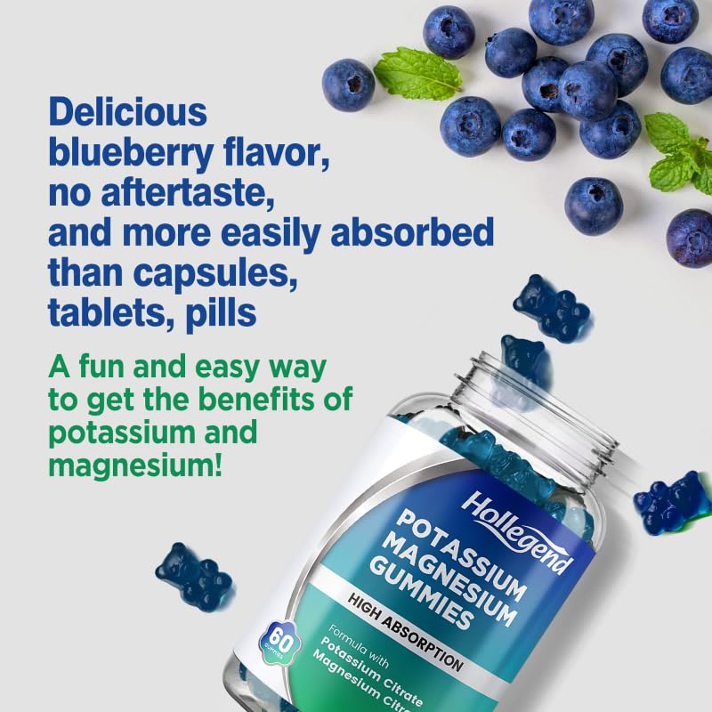 HOLLEGEND Potassium Magnesium Gummies | High Absorption Potassium Citrate 99mg & Magnesium Citrate 180mg – 60 Count