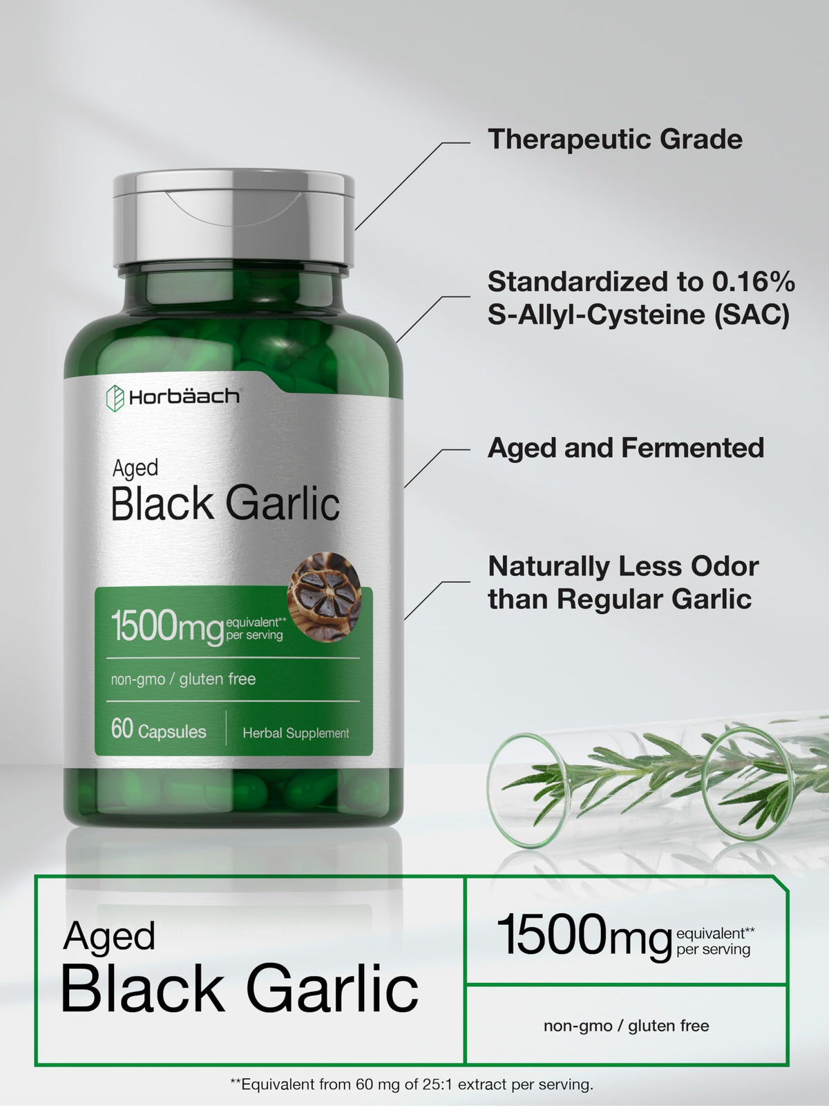 Horbäach Aged Garlic Extract Capsules 1500mg | 60 Count | Fermented Supplement | Non-GMO, Gluten Free