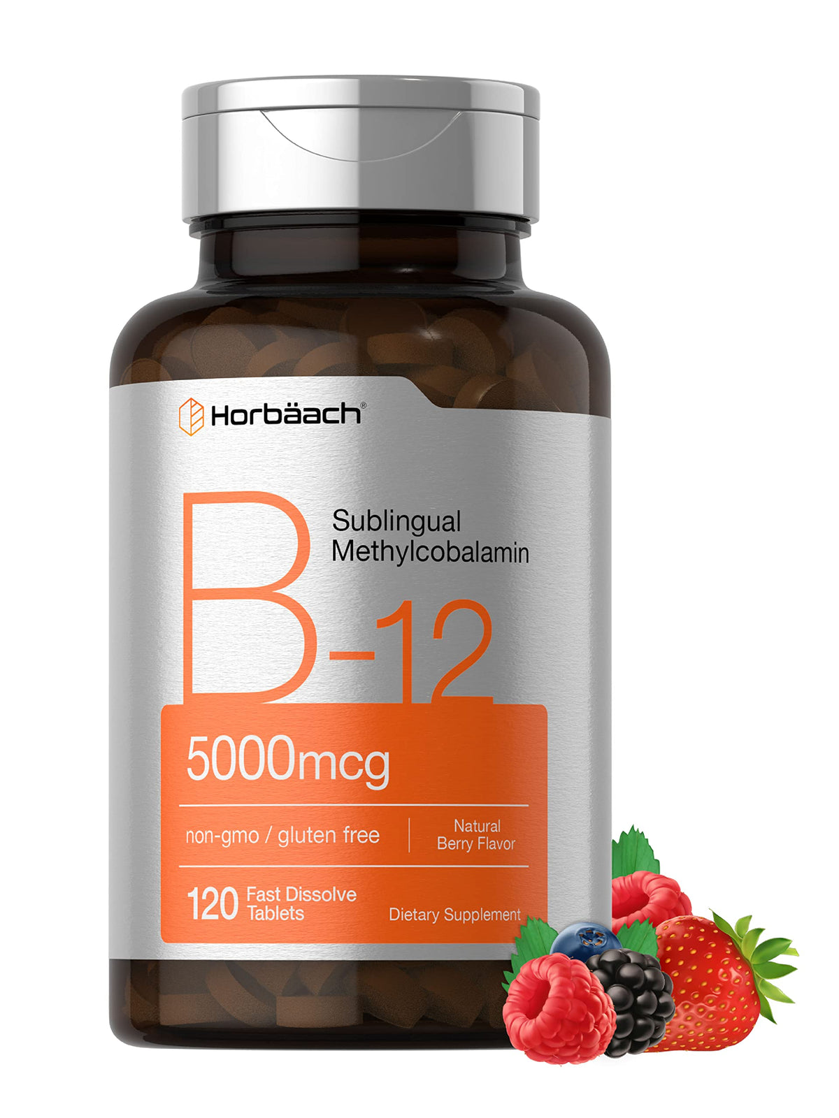 Horbäach B12 5000 مكجم – 120 قرص تحت اللسان سريع الذوبان (نباتي، غير معدل وراثيًا، خالٍ من الغلوتين)