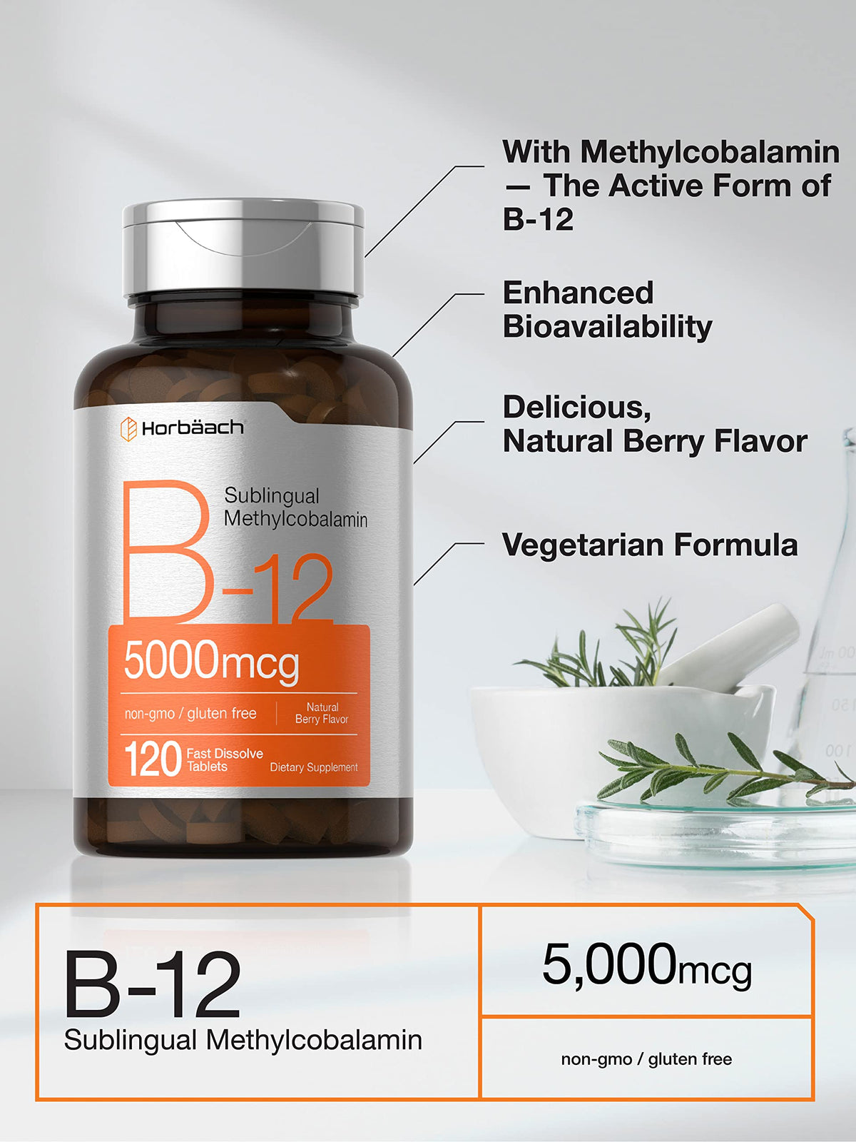 Horbäach B12 5000 مكجم – 120 قرص تحت اللسان سريع الذوبان (نباتي، غير معدل وراثيًا، خالٍ من الغلوتين)