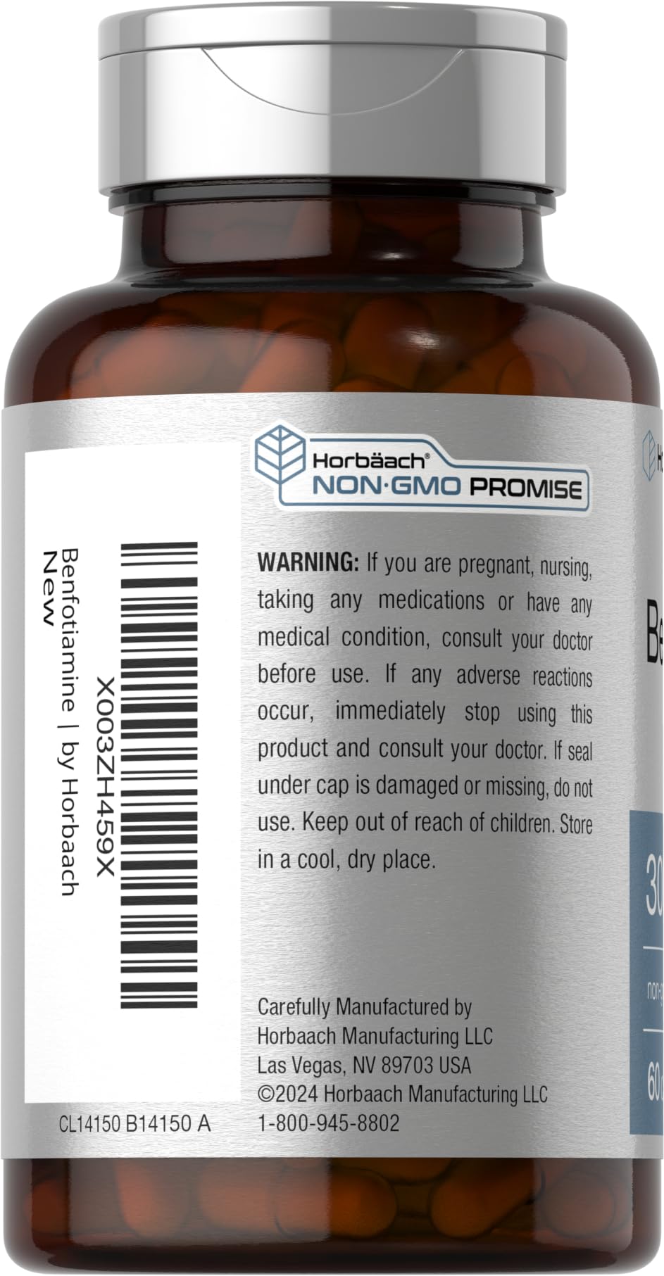 Horbaach Benfotiamine 300mg | 60 كبسولة | فيتامين ب1 ثيامين | مكمل غير معدل وراثيًا وخالٍ من الغلوتين