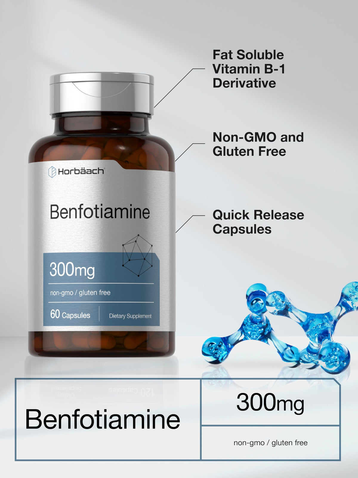 Horbaach Benfotiamine 300mg | 60 كبسولة | فيتامين ب1 ثيامين | مكمل غير معدل وراثيًا وخالٍ من الغلوتين
