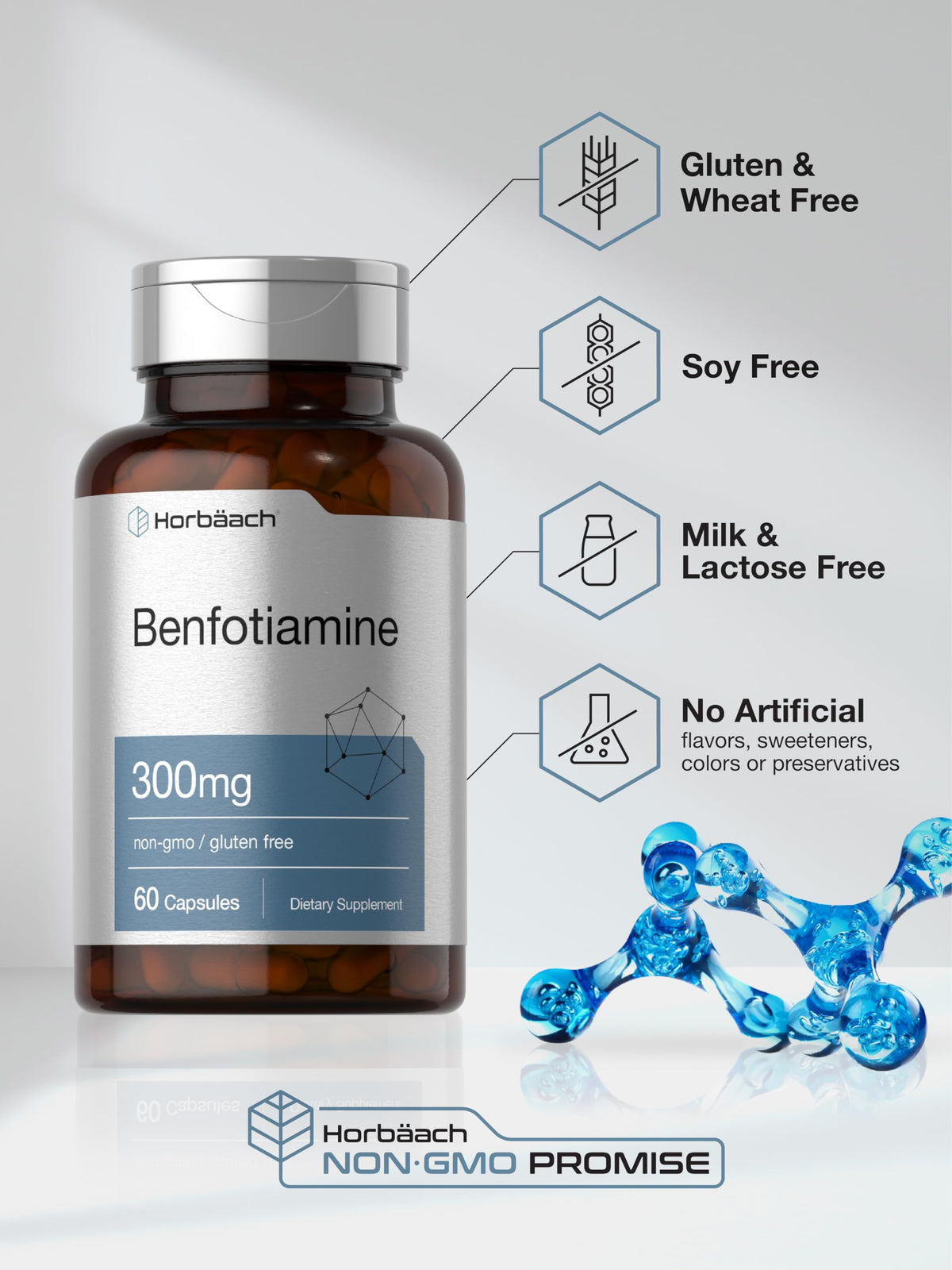 Horbaach Benfotiamine 300mg | 60 كبسولة | فيتامين ب1 ثيامين | مكمل غير معدل وراثيًا وخالٍ من الغلوتين
