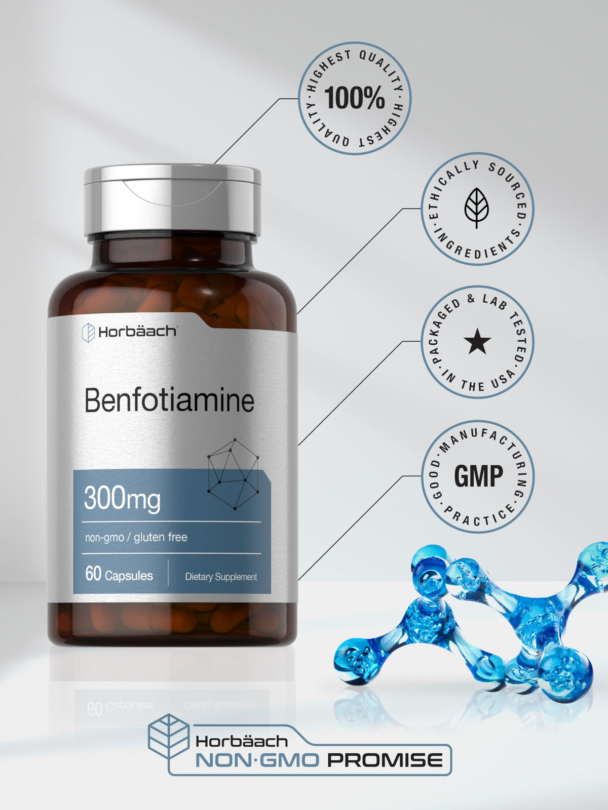 Horbaach Benfotiamine 300mg | 60 كبسولة | فيتامين ب1 ثيامين | مكمل غير معدل وراثيًا وخالٍ من الغلوتين