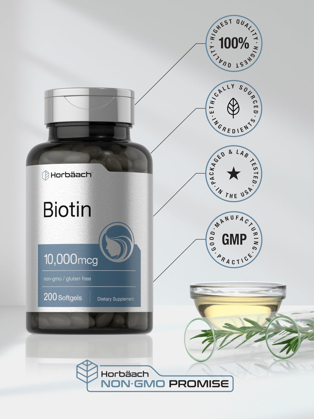Horbaach Biotin 10000 mcg | 200 Softgels | Vitamin B7 Supplement | Non-GMO & Gluten Free