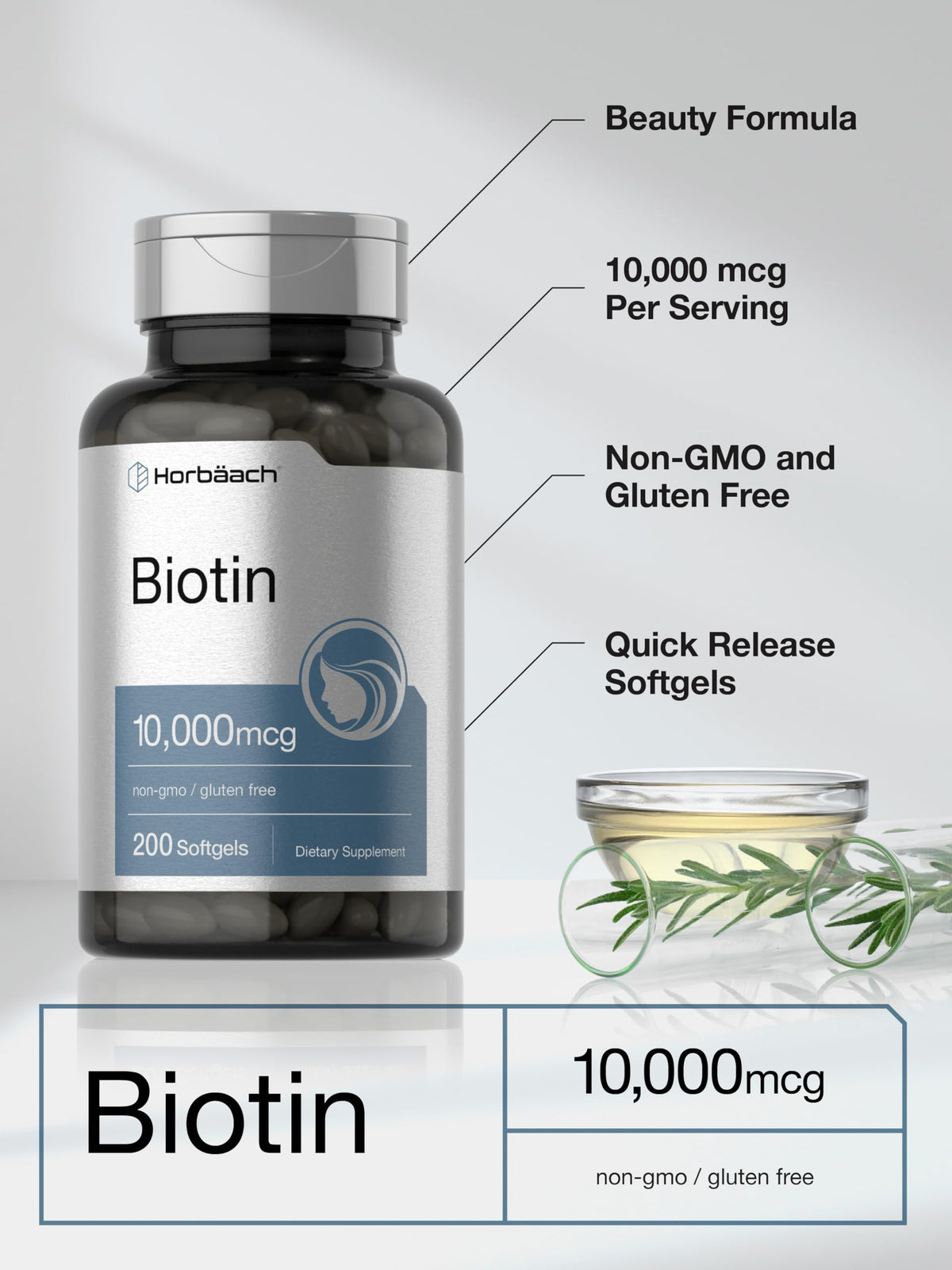 Horbaach Biotin 10000 mcg | 200 Softgels | Vitamin B7 Supplement | Non-GMO & Gluten Free