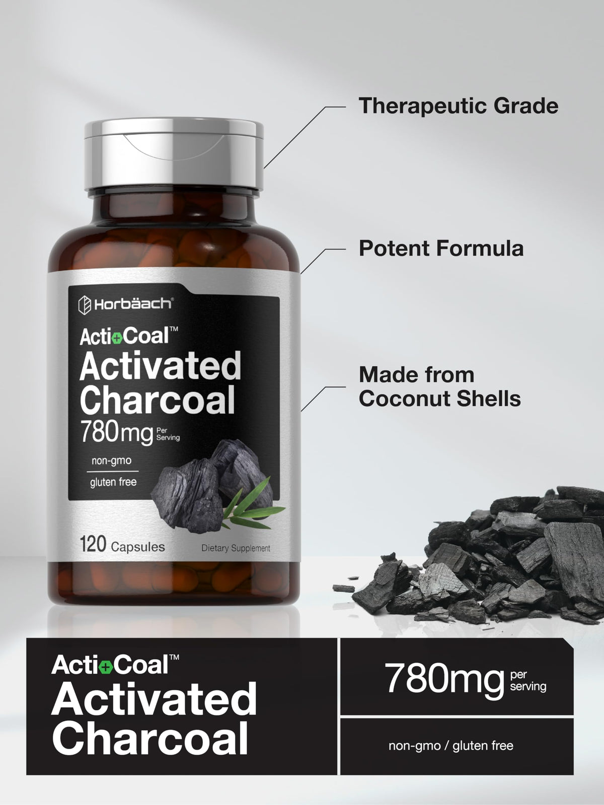 Horbäach Charcoal Pills 780mg – 120 Capsules | Activated Charcoal from Coconut Shells | Non-GMO & Gluten Free | Acti-Coal