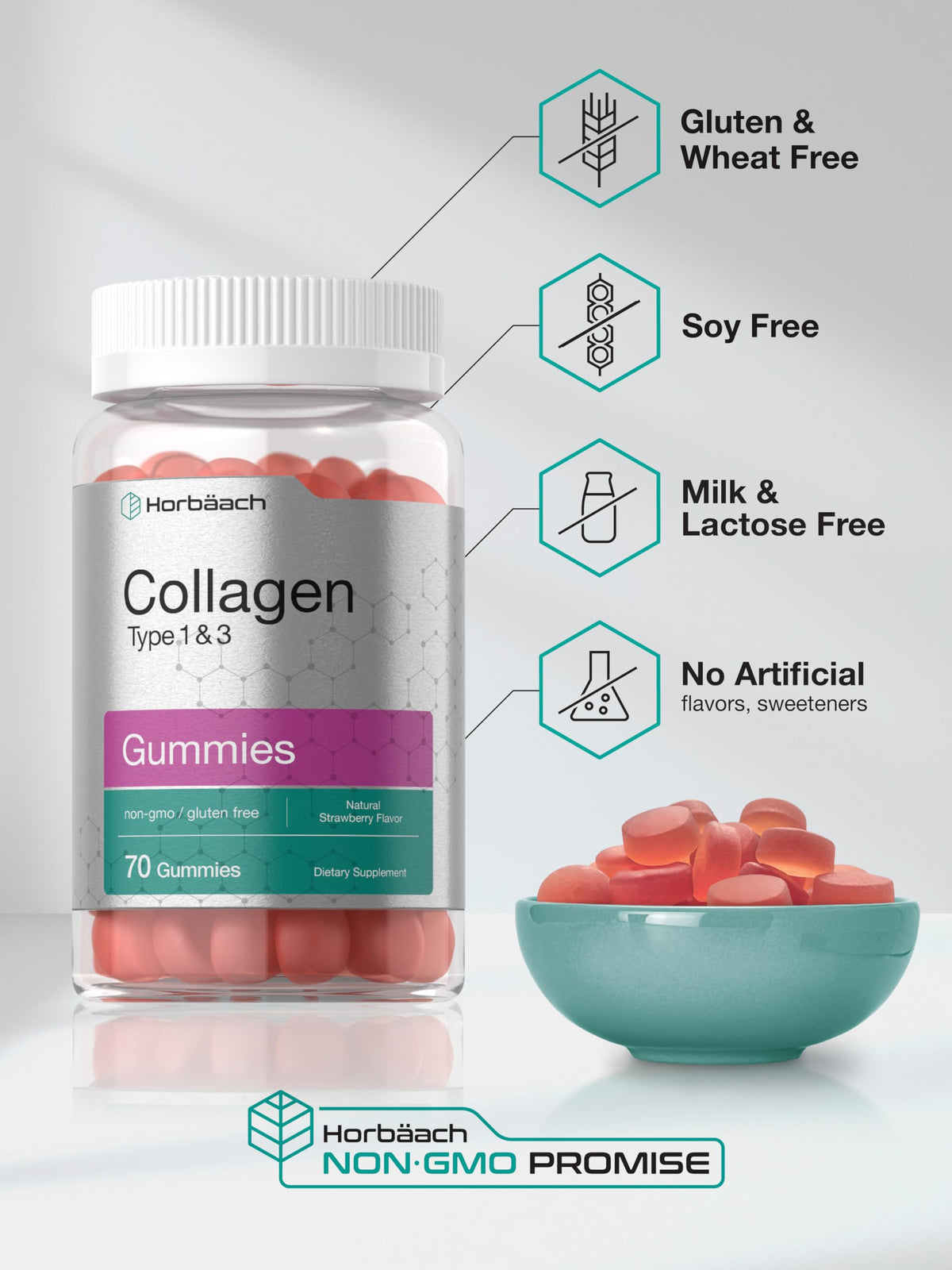 Horbäach Collagen Gummies | 70 Count | Strawberry Flavored Gummy | Hydrolyzed Collagen Type 1 and 3 | Non-GMO, Gluten Free