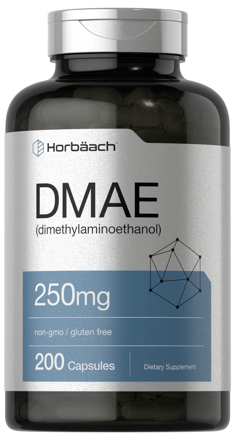 Horbaach DMAE ثنائي ميثيل أمينو إيثانول بيطرطرات 250 ملجم | 200 كبسولة | مكمل غير معدل وراثيًا وخالٍ من الجلوتين