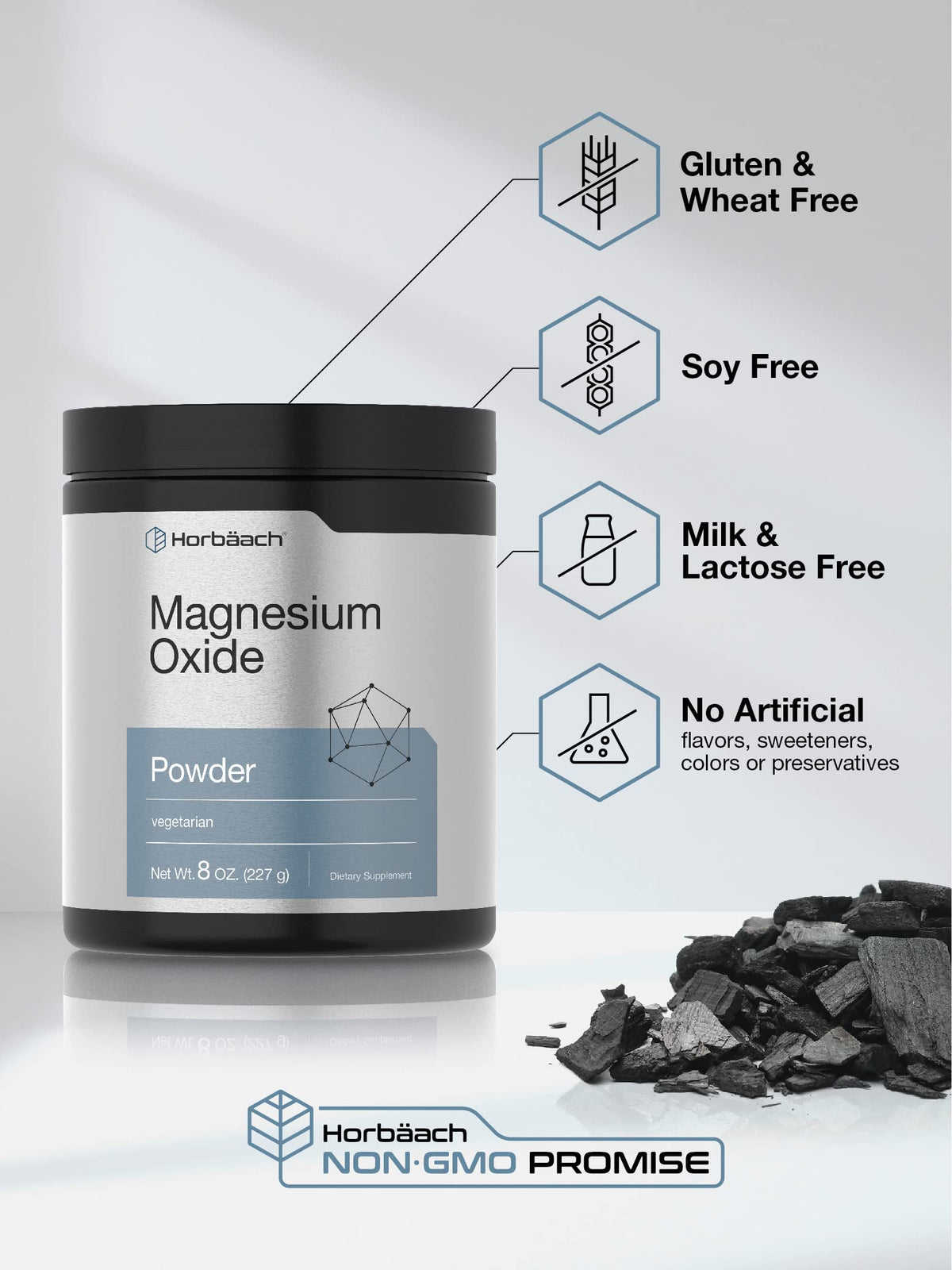 مسحوق أكسيد المغنيسيوم من Horbäach بقوة 400 ملجم | 8 أونصة | نباتي، غير معدّل وراثيًا، خالٍ من الجلوتين