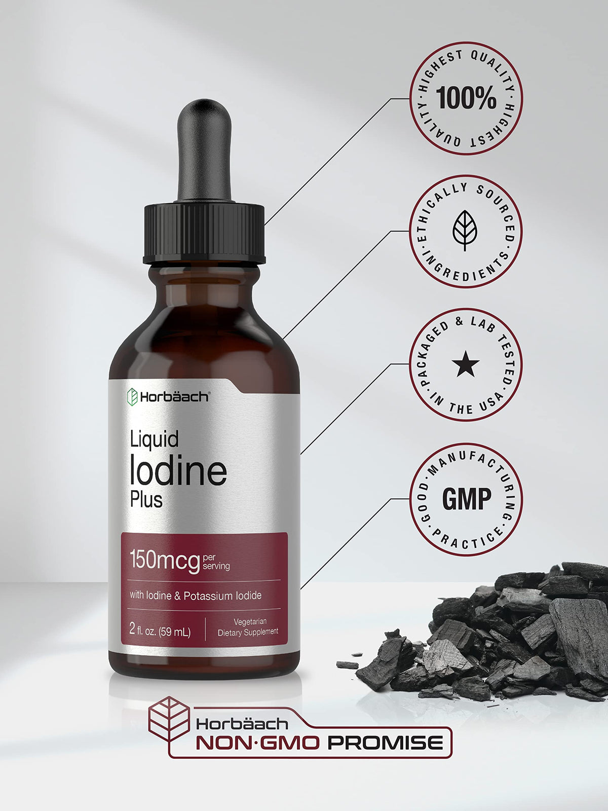 قطرات سائل اليود من هورباتش – 2 أونصة سائلة، 150 مكجم، نباتي، غير معدل وراثيًا، خالي من الجلوتين