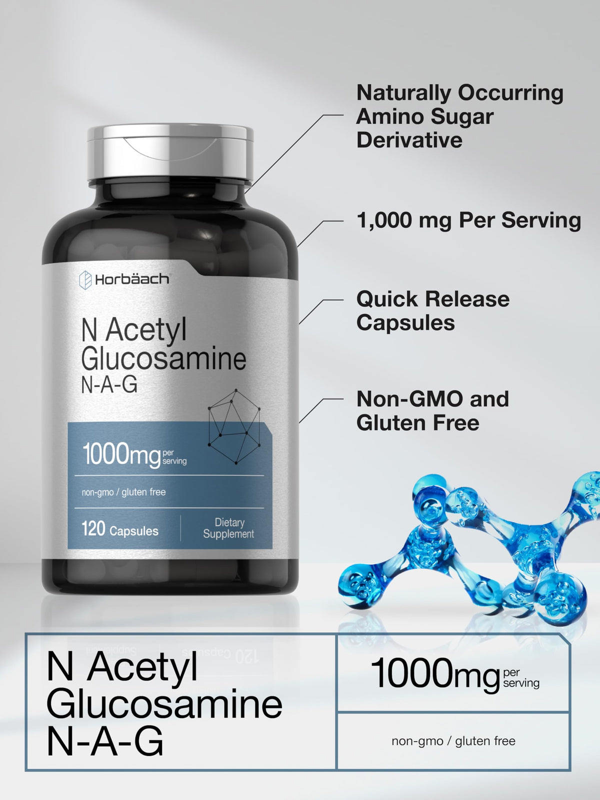 Horbaach N-Acetyl Glucosamine 1000 mg - 120 كبسولة | مكمل NAG - غير معدل وراثيًا وخالٍ من الغلوتين
