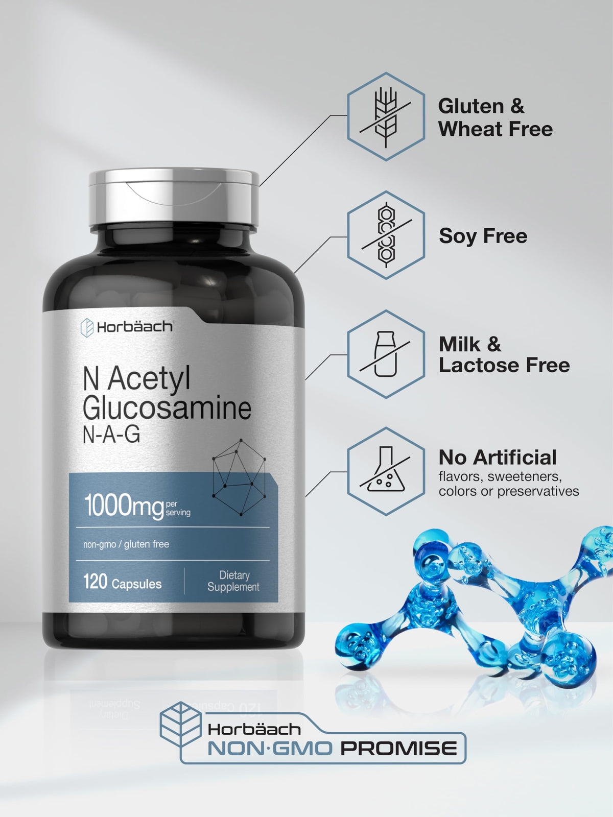 Horbaach N-Acetyl Glucosamine 1000 mg - 120 كبسولة | مكمل NAG - غير معدل وراثيًا وخالٍ من الغلوتين