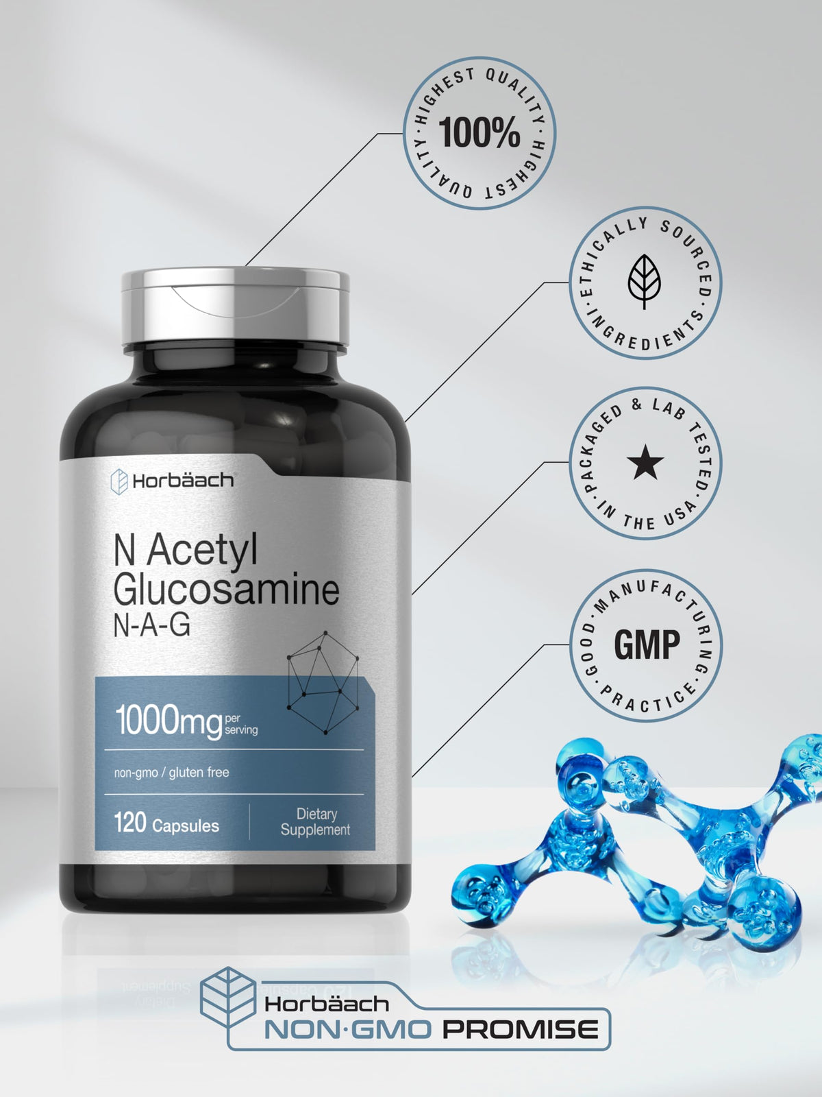 Horbaach N-Acetyl Glucosamine 1000 mg - 120 كبسولة | مكمل NAG - غير معدل وراثيًا وخالٍ من الغلوتين