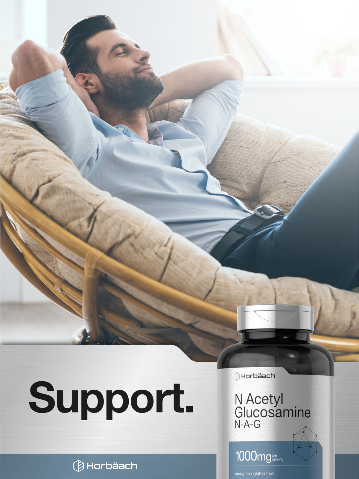 Horbaach N-Acetyl Glucosamine 1000 mg - 120 كبسولة | مكمل NAG - غير معدل وراثيًا وخالٍ من الغلوتين