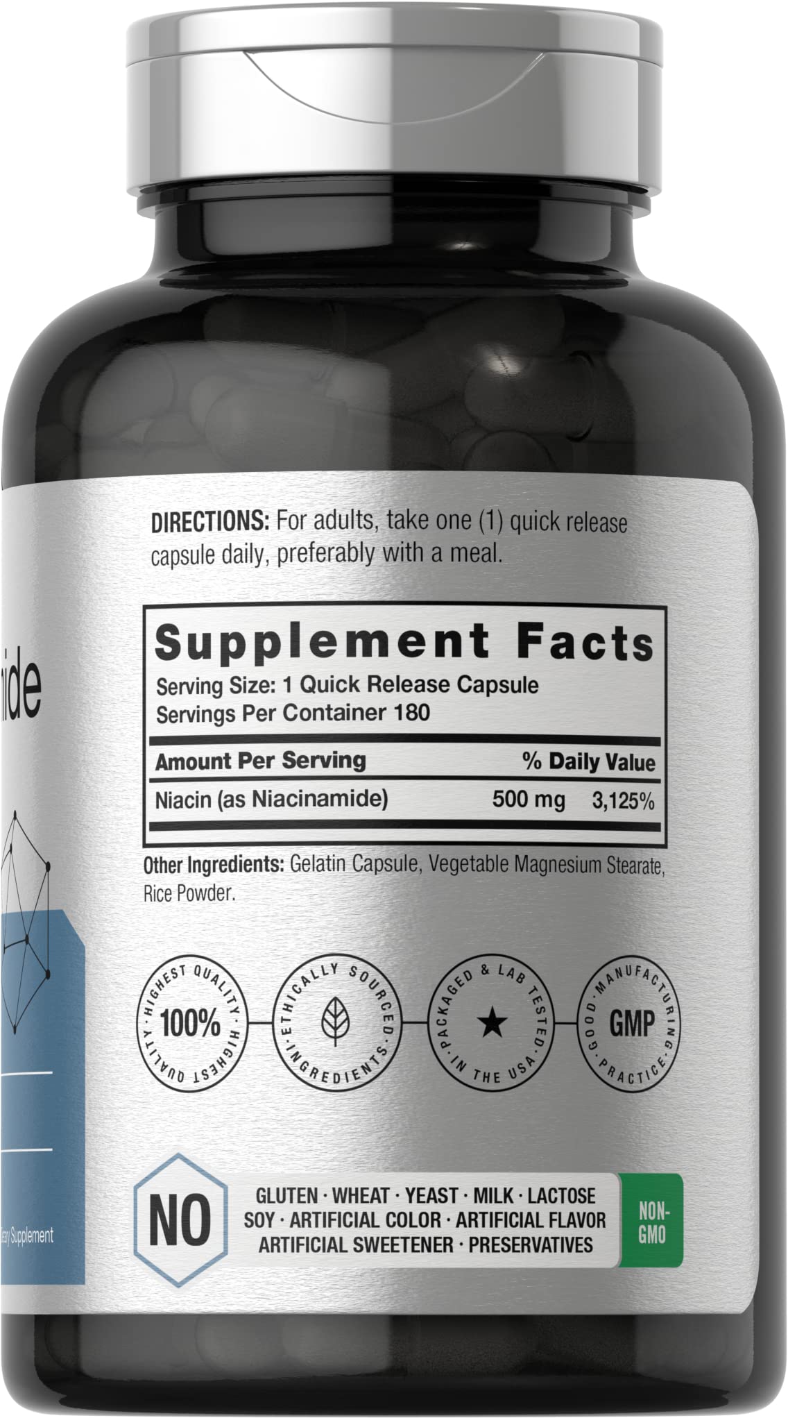 Horbäach Nicotinamide 500 ملجم – 180 كبسولة | نيكوتيناميد خالٍ من الاحمرار | فيتامين غير معدل وراثيًا وخالٍ من الغلوتين