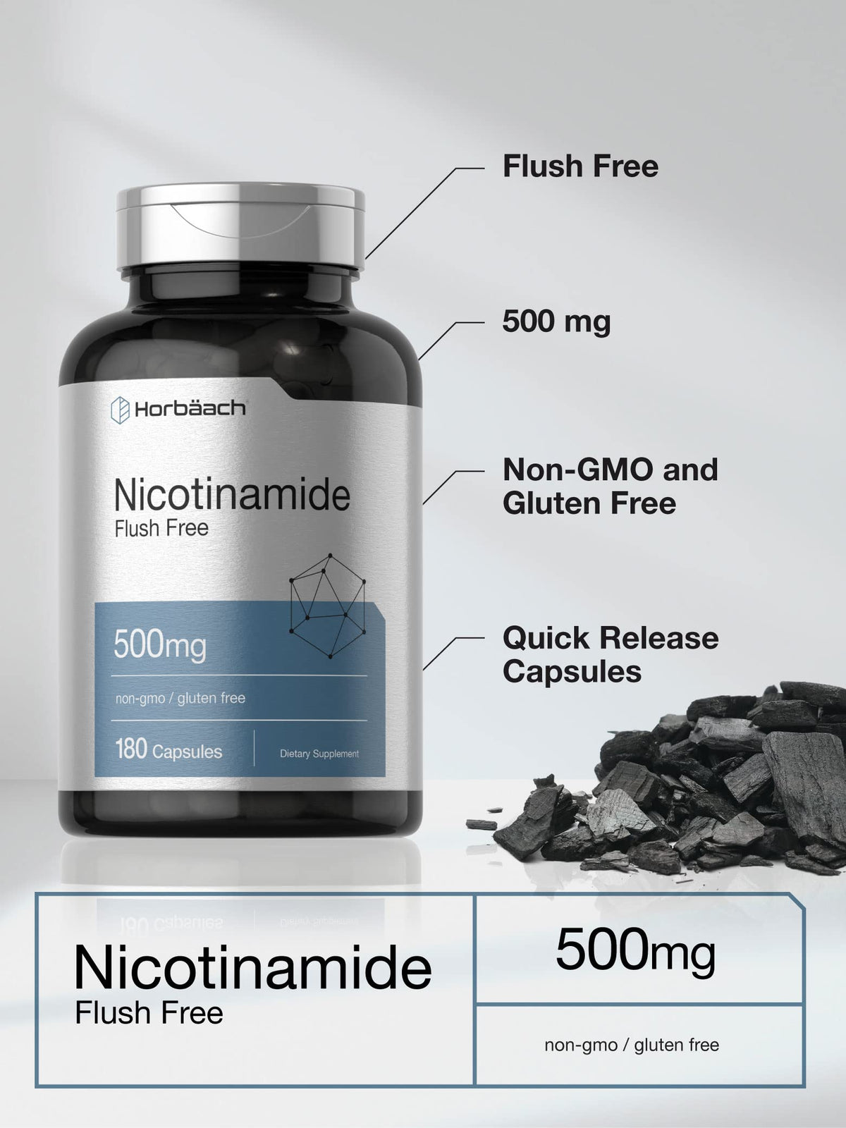 Horbäach Nicotinamide 500 ملجم – 180 كبسولة | نيكوتيناميد خالٍ من الاحمرار | فيتامين غير معدل وراثيًا وخالٍ من الغلوتين