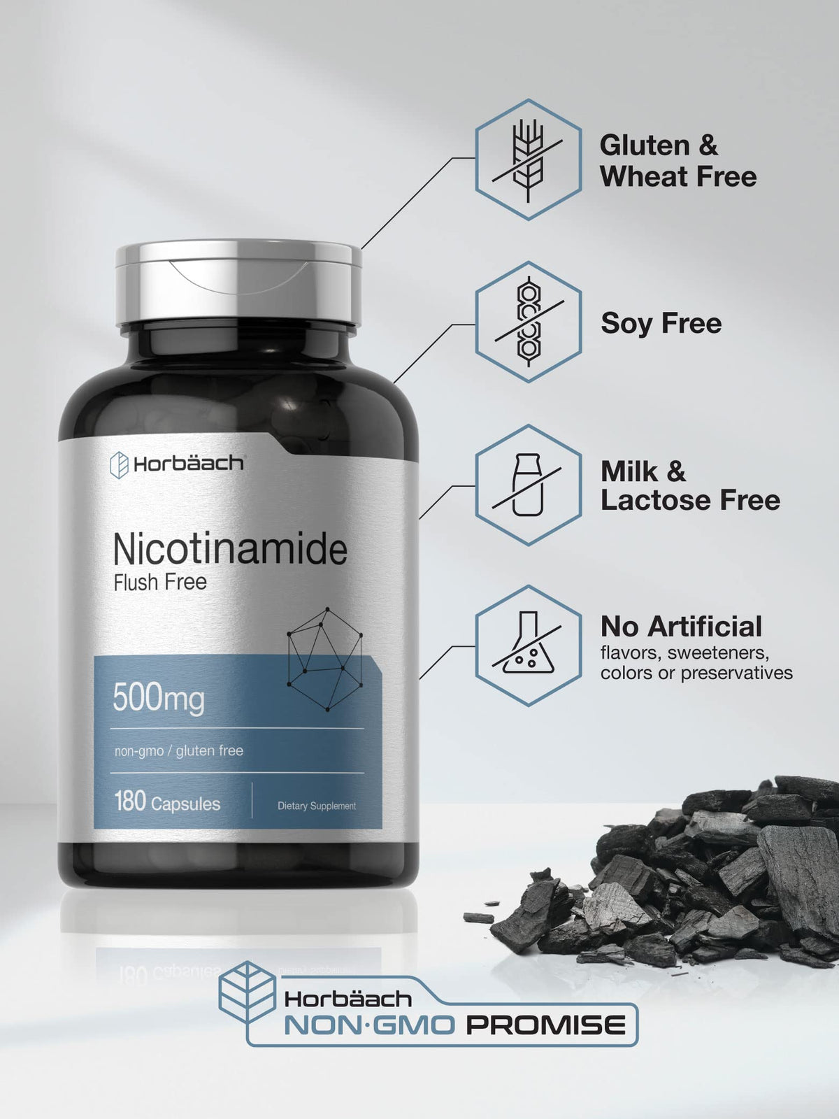 Horbäach Nicotinamide 500 ملجم – 180 كبسولة | نيكوتيناميد خالٍ من الاحمرار | فيتامين غير معدل وراثيًا وخالٍ من الغلوتين
