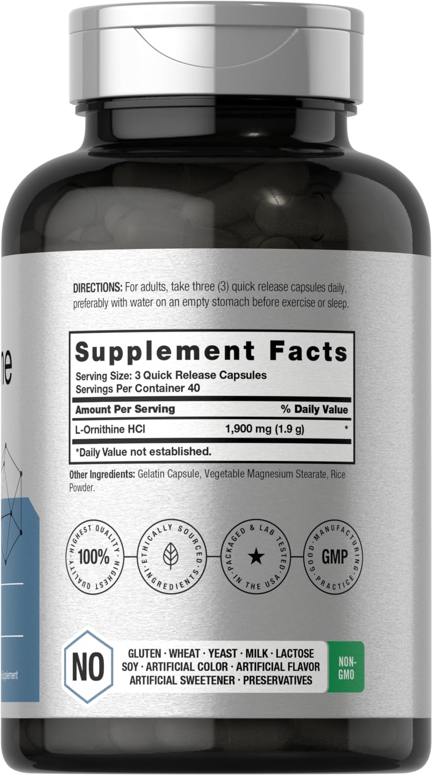 Horbäach L-Ornithine HCl 1900 ملجم | 120 كبسولة | غير معدل وراثيًا وخالٍ من الجلوتين