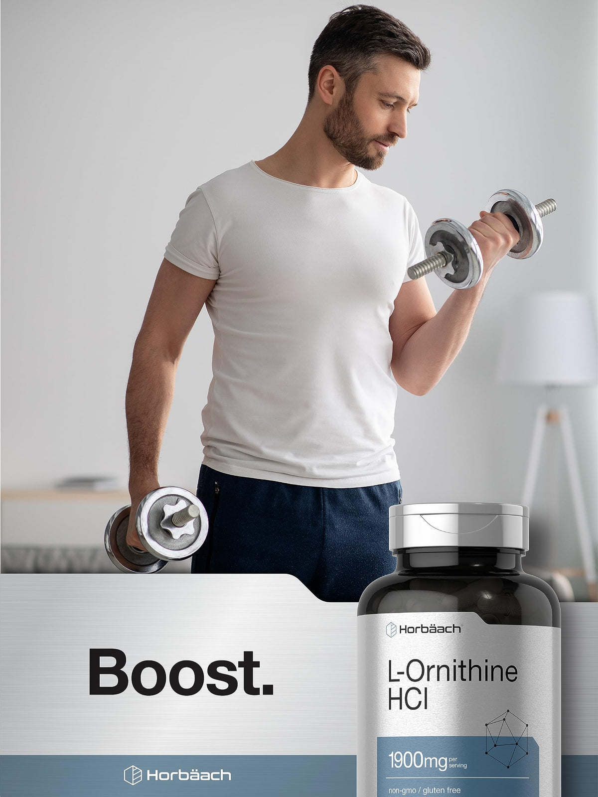 Horbäach L-Ornithine HCl 1900 ملجم | 120 كبسولة | غير معدل وراثيًا وخالٍ من الجلوتين