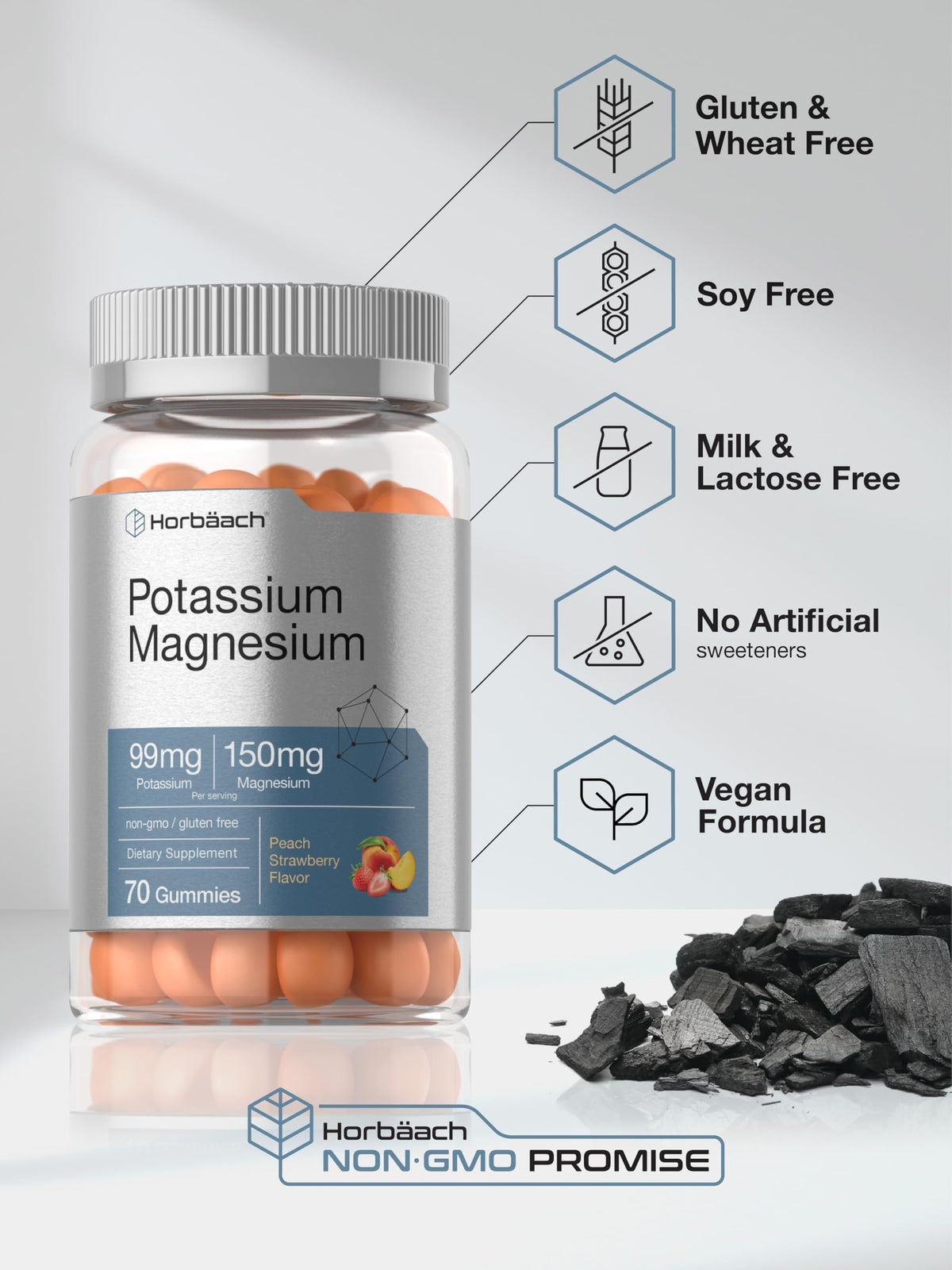 علكات البوتاسيوم والمغنيسيوم من هورباتش – خوخ وفراولة | 70 قطعة | نباتية، غير معدلة وراثيًا، خالية من الغلوتين
