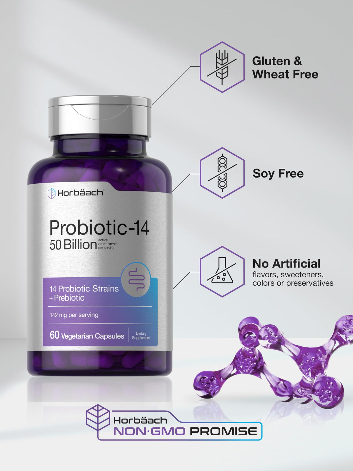 Horbaach Probiotics for Women and Men – 60 Capsules | 50 Billion Active Organisms | 14 Strains + Prebiotic | Non-GMO & Gluten Free