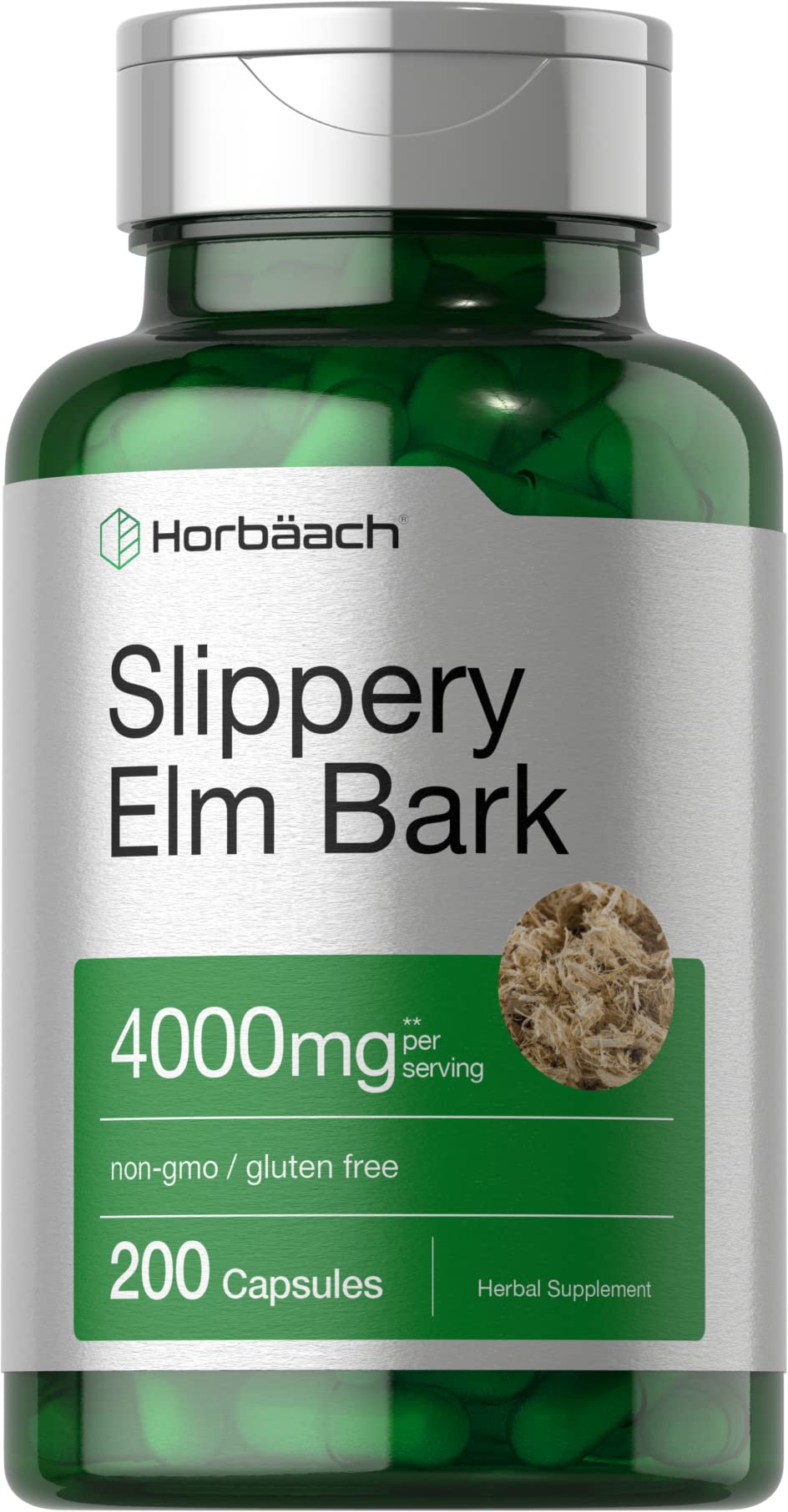 Horbäach Slippery Elm Bark Capsules | 200 Count | Non-GMO & Gluten Free