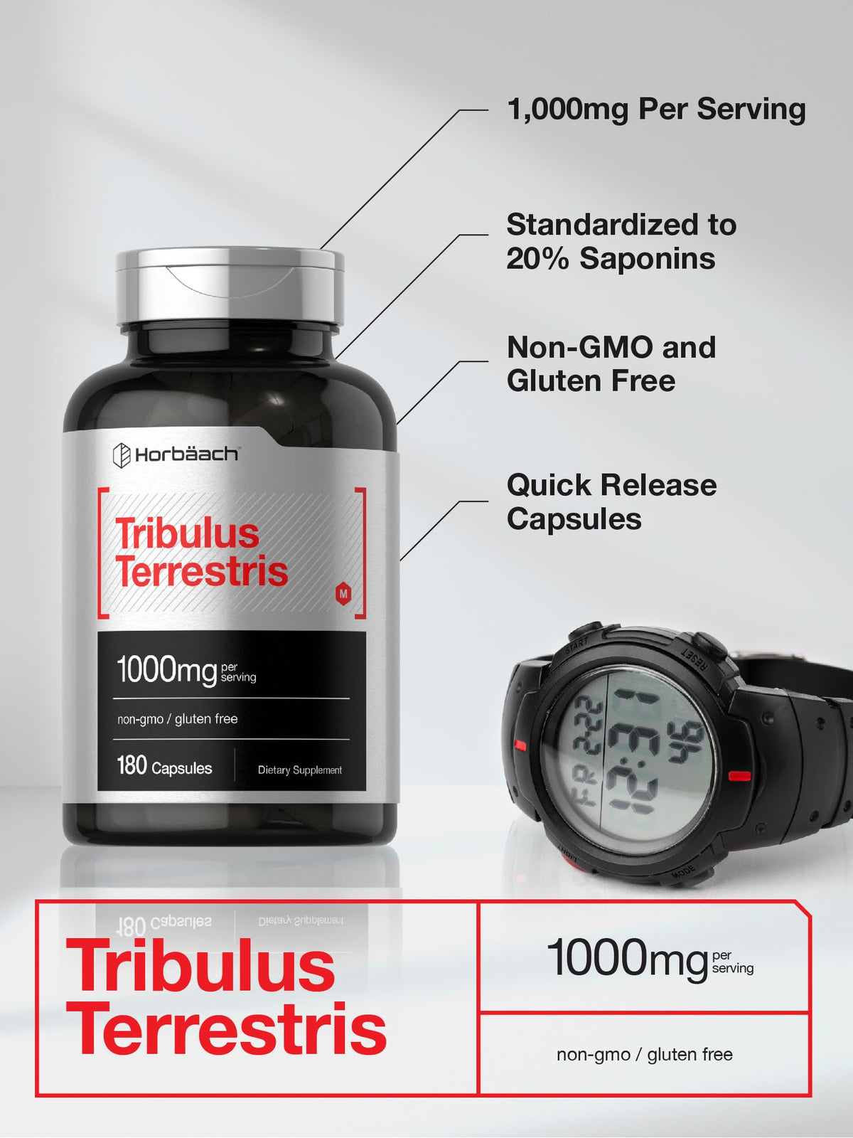 Horbaach Tribulus Terrestris for Men β 1000 mg, 180 Capsules | Non-GMO & Gluten Free