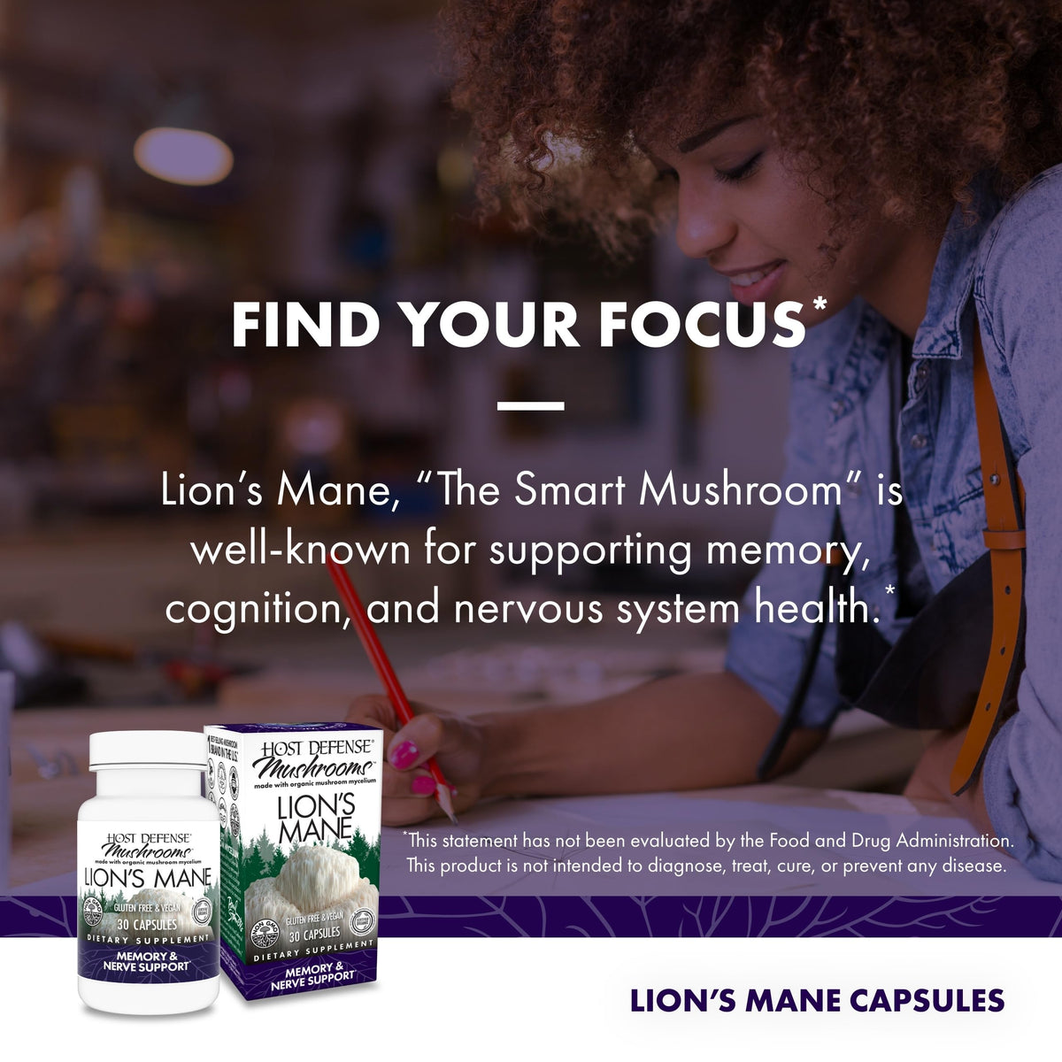 Host Defense Mushrooms Lion's Mane β Brain Health & Focus Capsules (30 Capsules / 15 Servings)