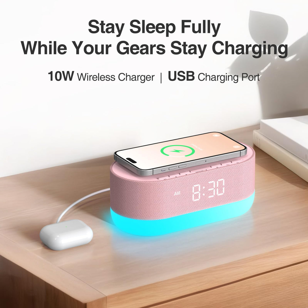 HOUSBAY Sound Machine with Alarm Clock β Dual HiFi Speakers, 21 Sounds, 10W Wireless Charger