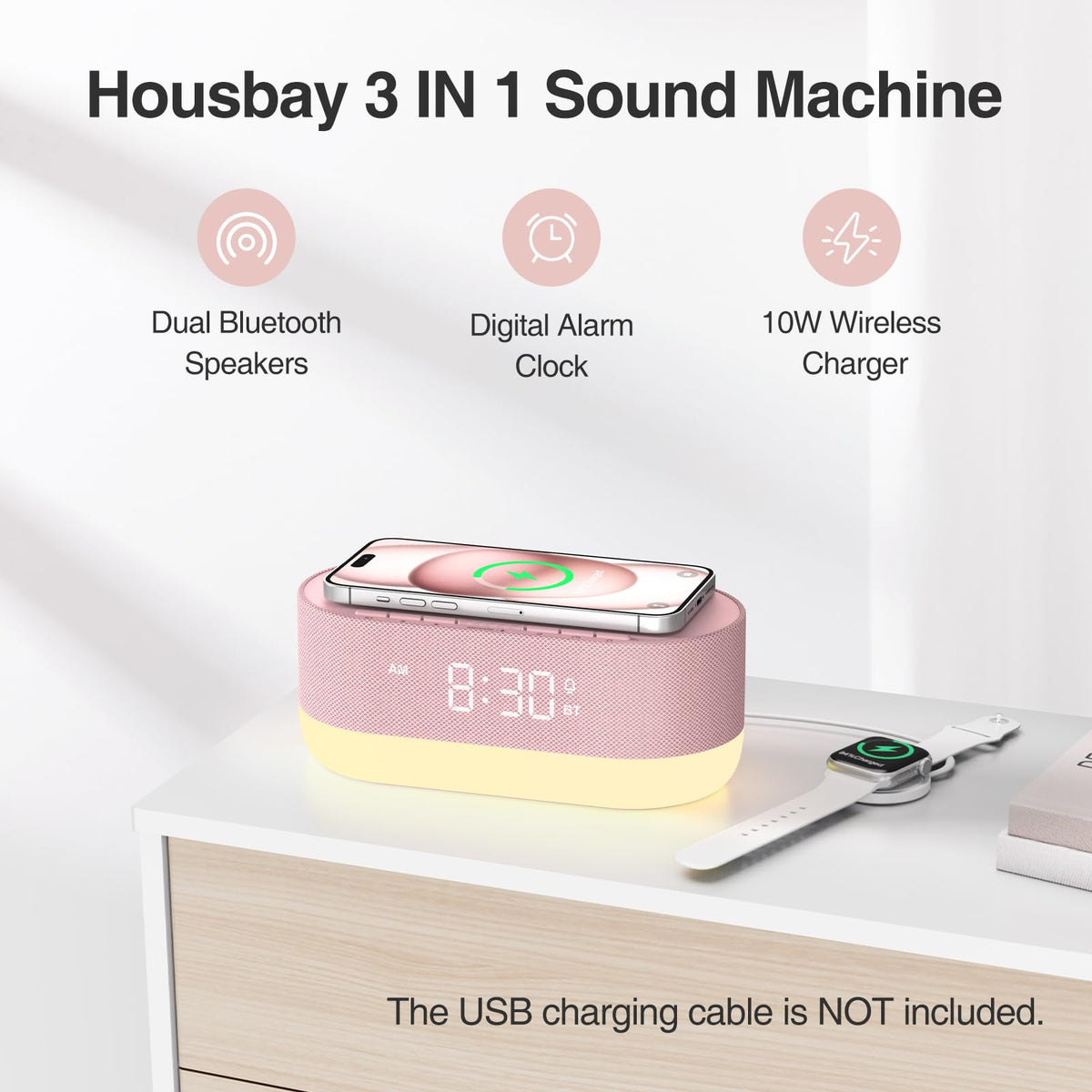 HOUSBAY Sound Machine with Alarm Clock β Dual HiFi Speakers, 21 Sounds, 10W Wireless Charger