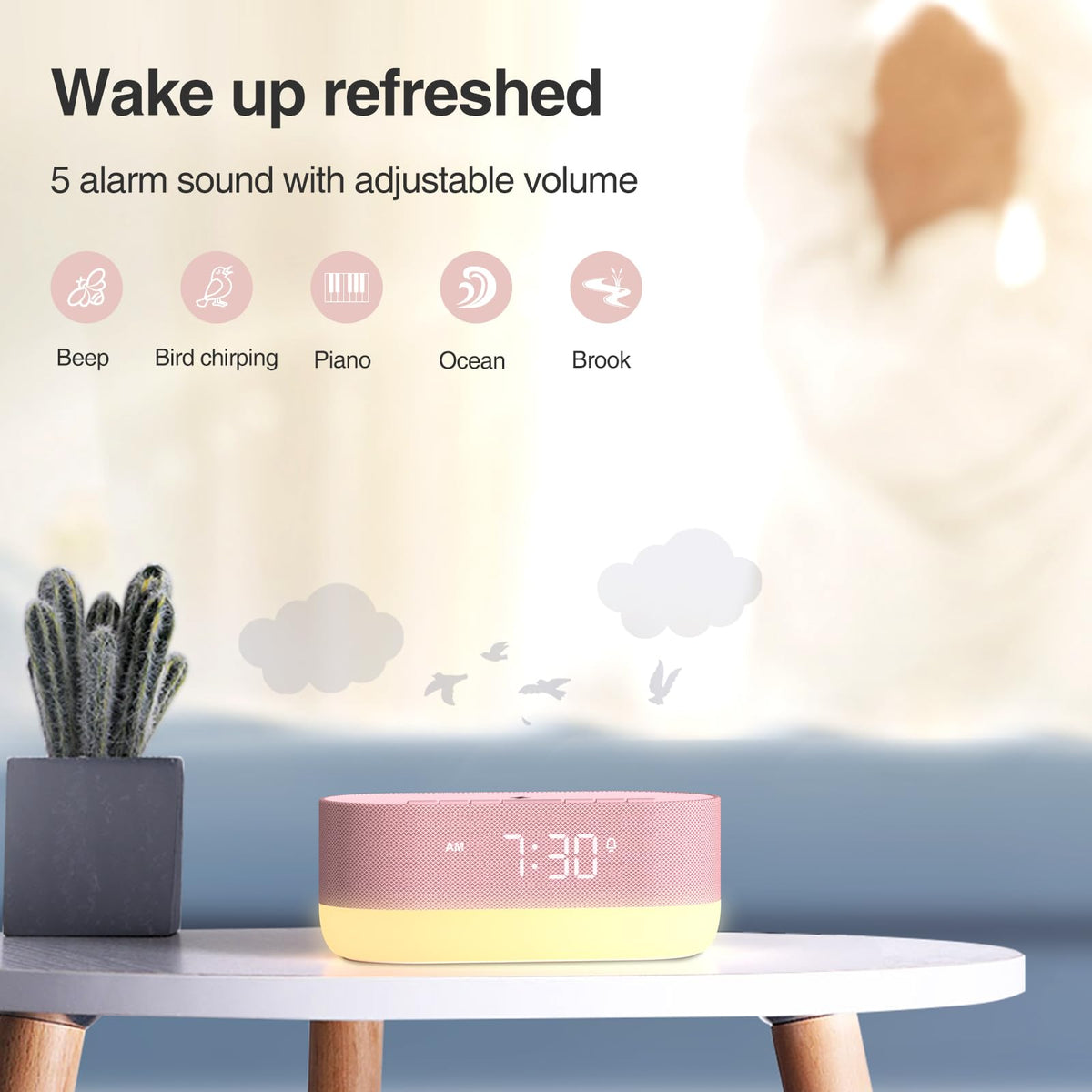 HOUSBAY Sound Machine with Alarm Clock β Dual HiFi Speakers, 21 Sounds, 10W Wireless Charger