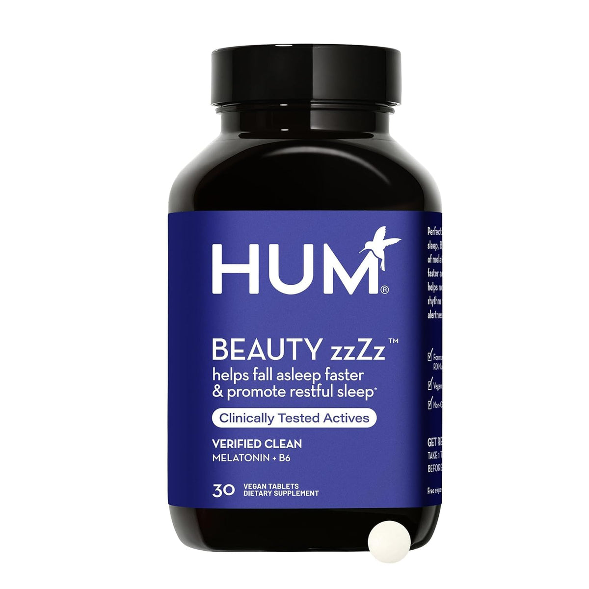 مكمل النوم ميلاتونين zzZz من HUM Beauty – 3 ملغ، نباتي، خالٍ من الجلوتين، 30 قرصًا