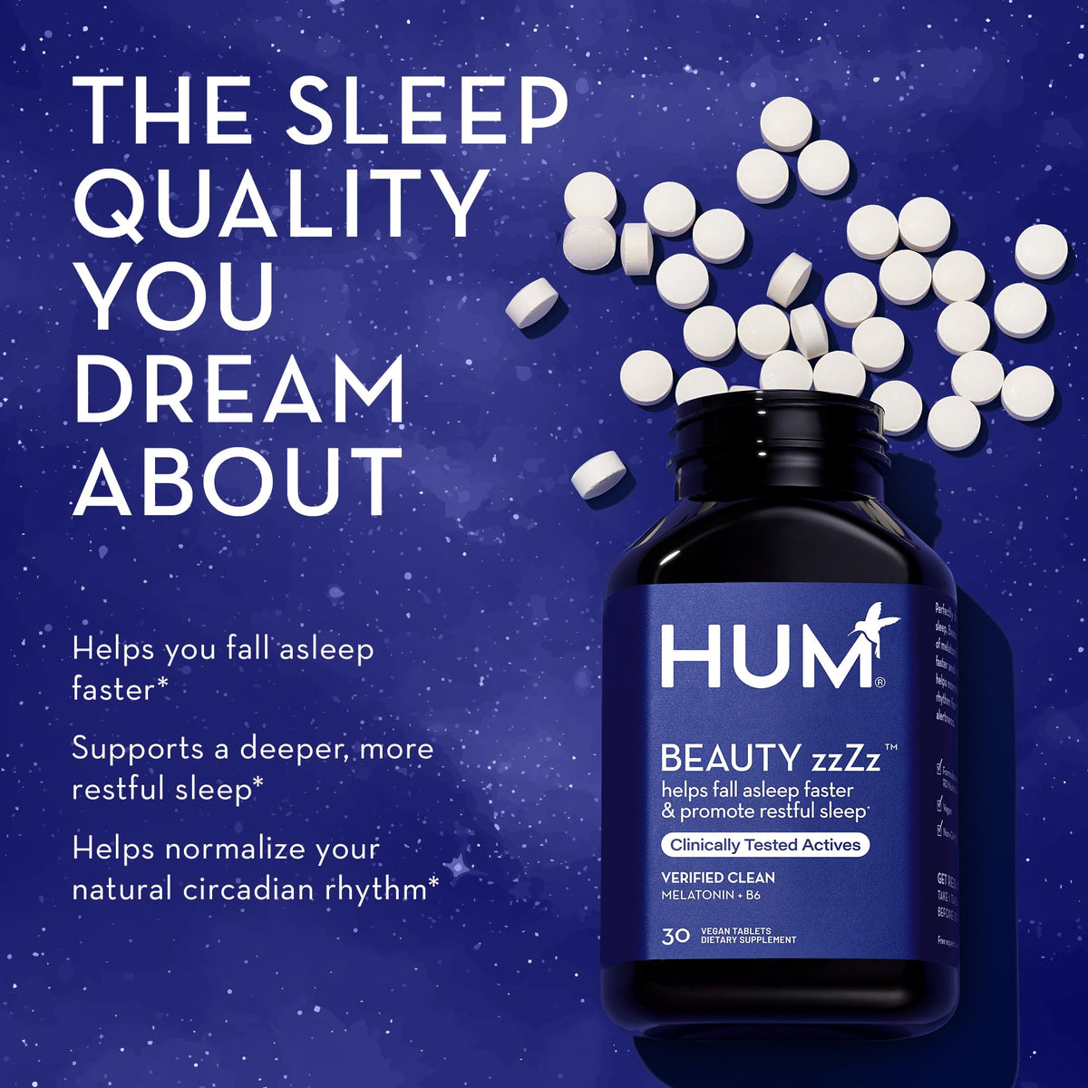 مكمل النوم ميلاتونين zzZz من HUM Beauty – 3 ملغ، نباتي، خالٍ من الجلوتين، 30 قرصًا