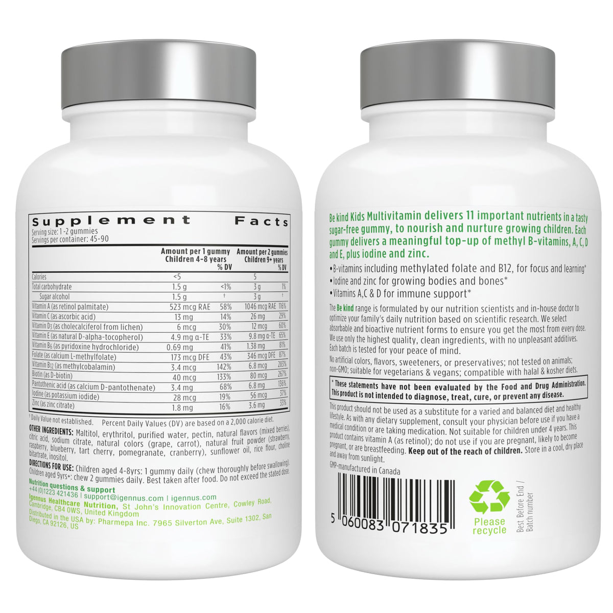 Igennus Methylated Kids Multivitamin Gummy β MTHFR Friendly, Sugar Free, 90 Gummies