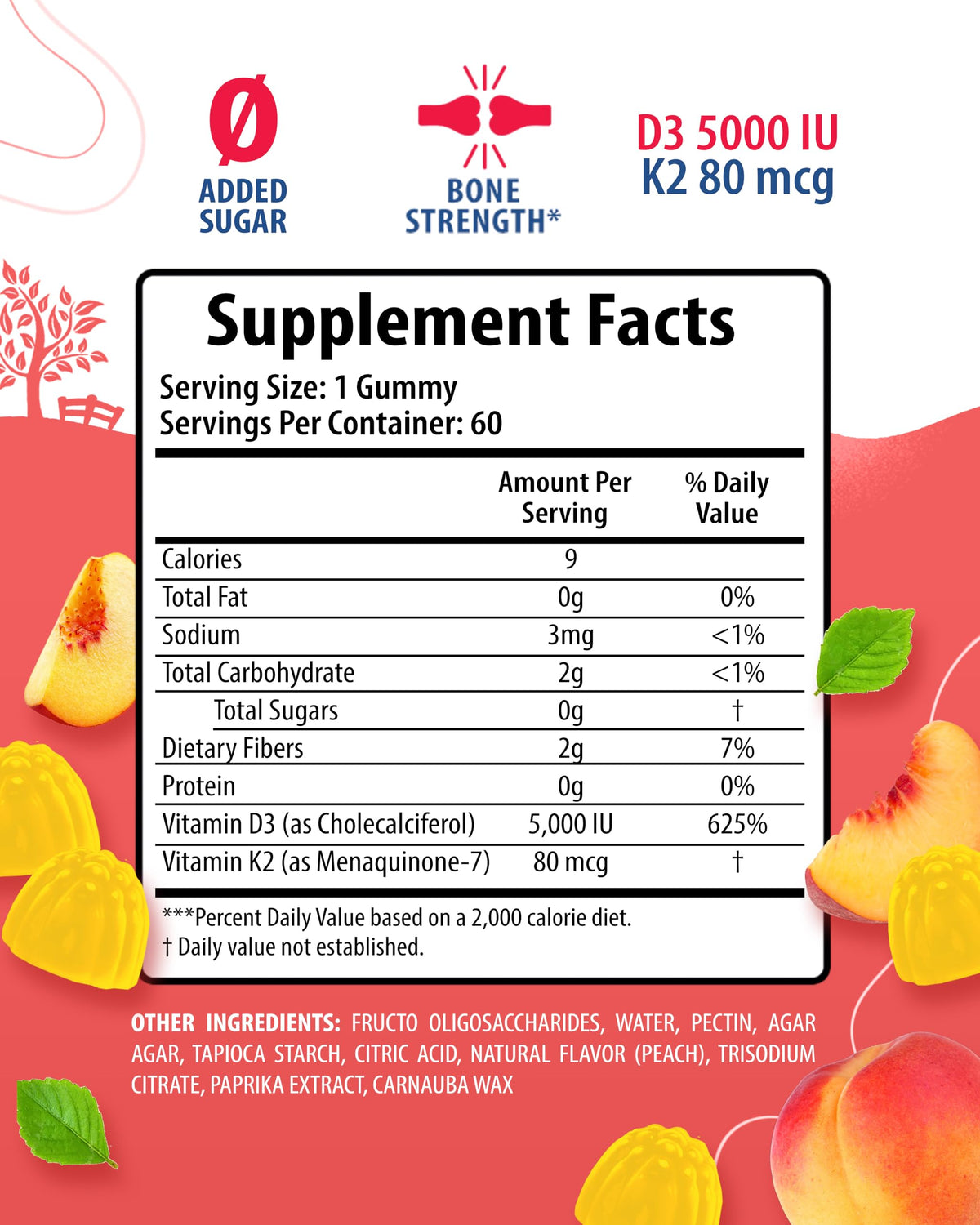 Sugar-Free Vitamin D3 K2 Gummies 5000 IU β Immune & Bone Support for Adults | Vegan, Halal, Gluten-Free
