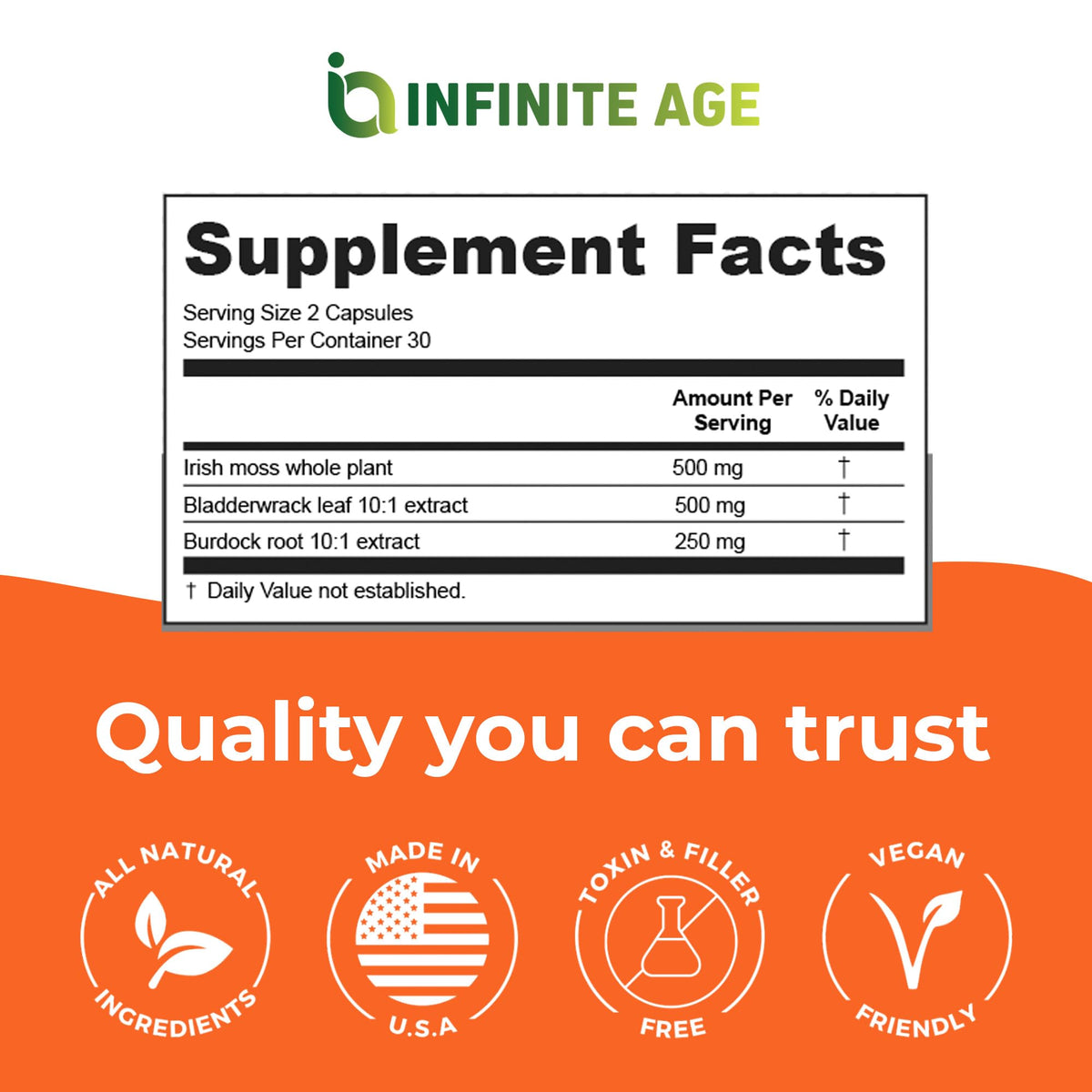 INFINITE AGE 3-Pack Sea Moss Capsules 1250mg β 180 Vegan Capsules Each, Made in USA