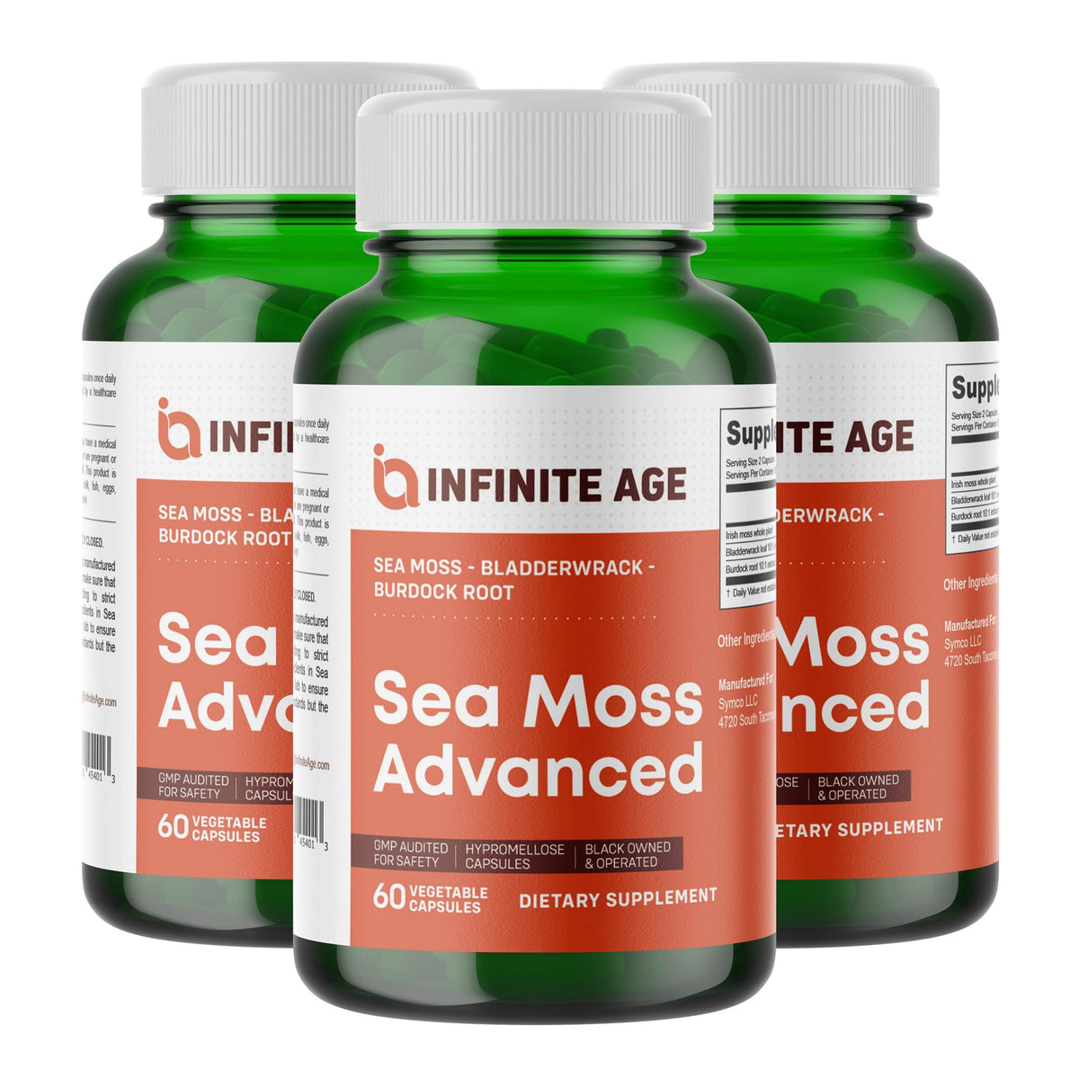INFINITE AGE 3-Pack Sea Moss Capsules 1250mg β 180 Vegan Capsules Each, Made in USA