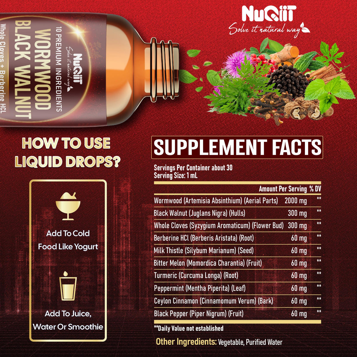 Gocce liquide 10 in 1 di Assenzio con Assenzio, Noce Nera, Chiodi di Garofano Interi, Berberina, Cardo Mariano, Curcuma, Zenzero, Cardo Mariano e Altro - Gocce liquide da 30ml per 30 giorni