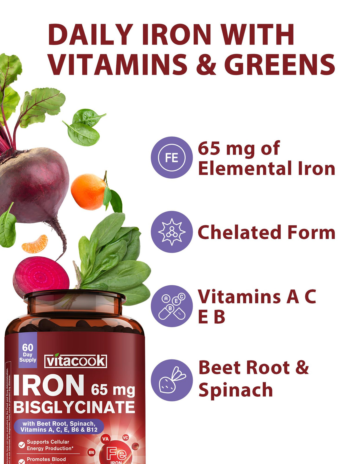 Integratore di ferro bisglicinato ferroso da 65 mg – A lento rilascio (60 capsule)