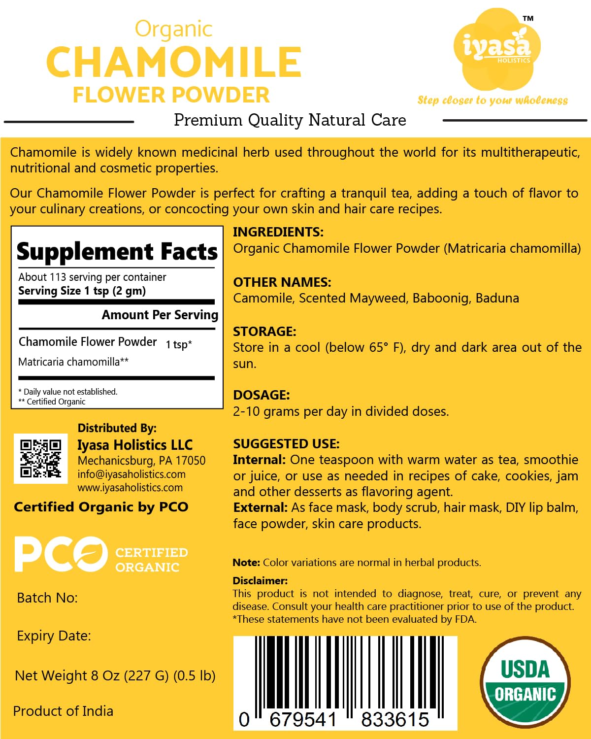 Iyasa Organic Chamomile Powder โ Food Grade, 8 oz (223 g)